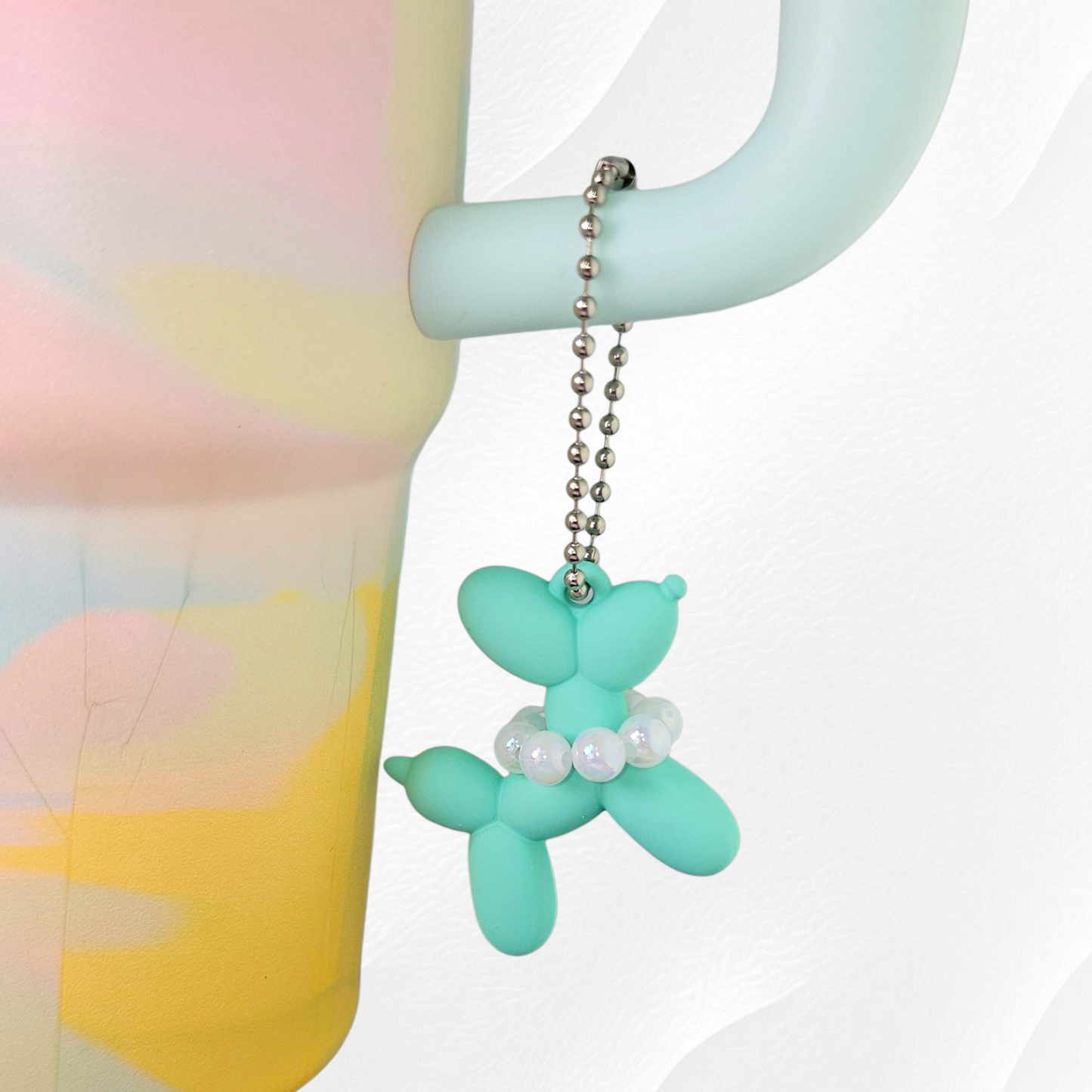 Mint Green / Sea Foam Green Balloon Dog wearing white pearl necklace cup handle charm.