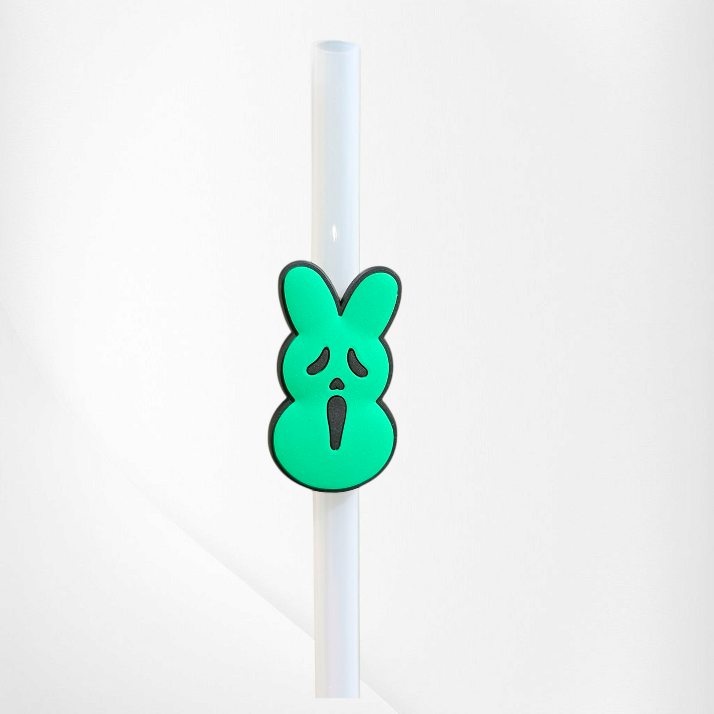 Green and Black Ghost Face x Peeps Halloween Bunny straw charm.