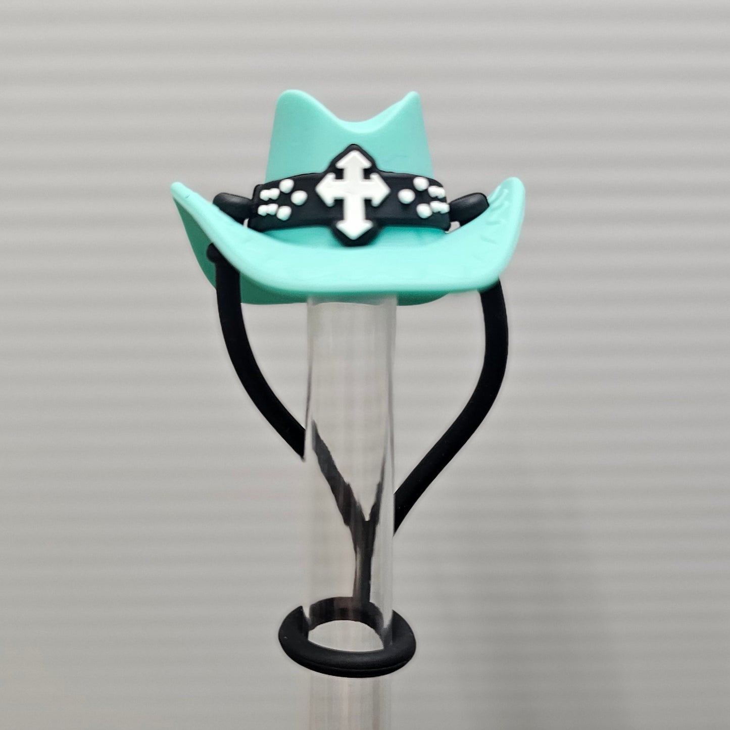 Cowboy Hat 3D Silicone Straw Topper - Straw Cover - Tiffany Teal Blue, White, and Black