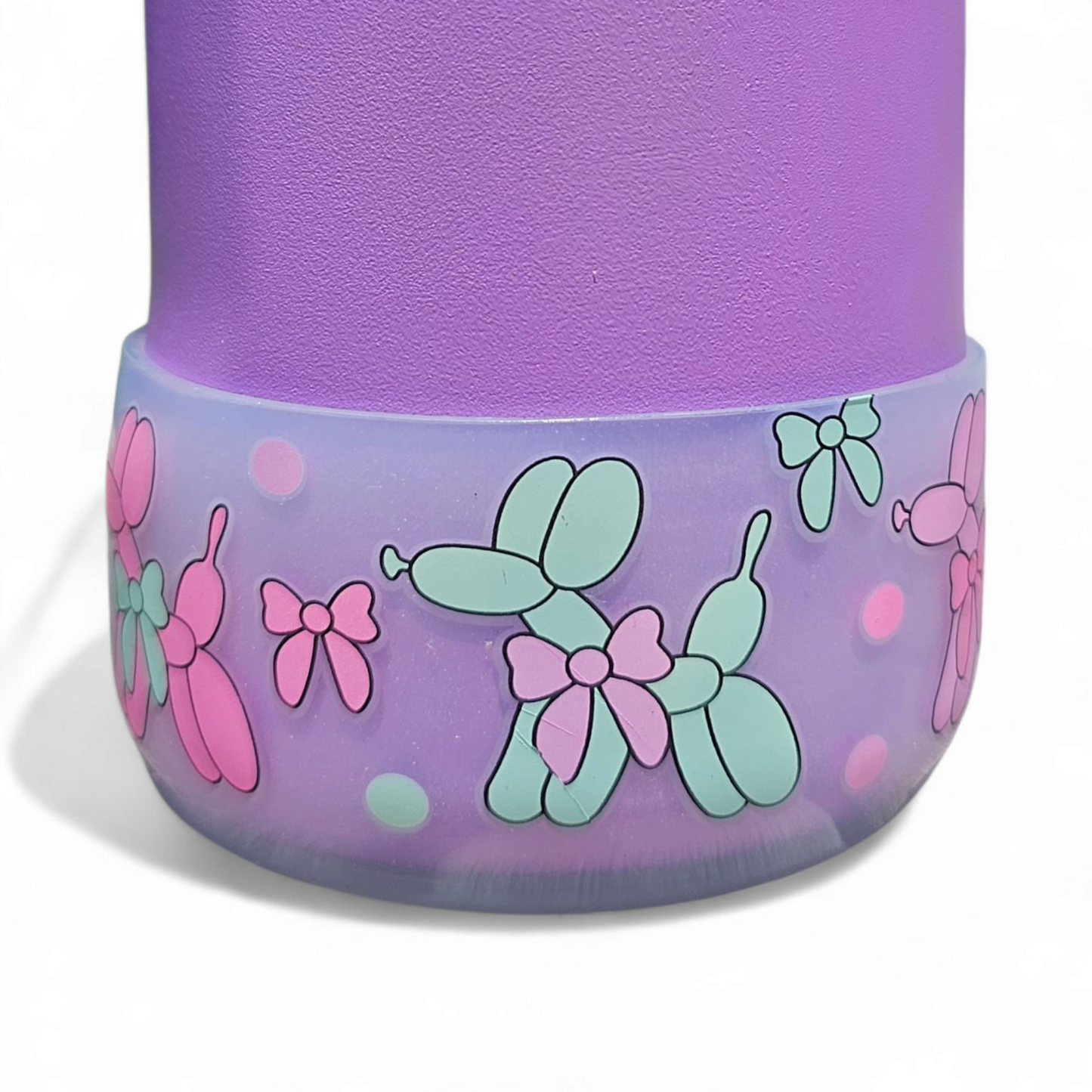 Pink, Mint, and Purple Balloon Dogs and Bows on Clear Silicone Tumbler Boot by Southern Creative Glamour