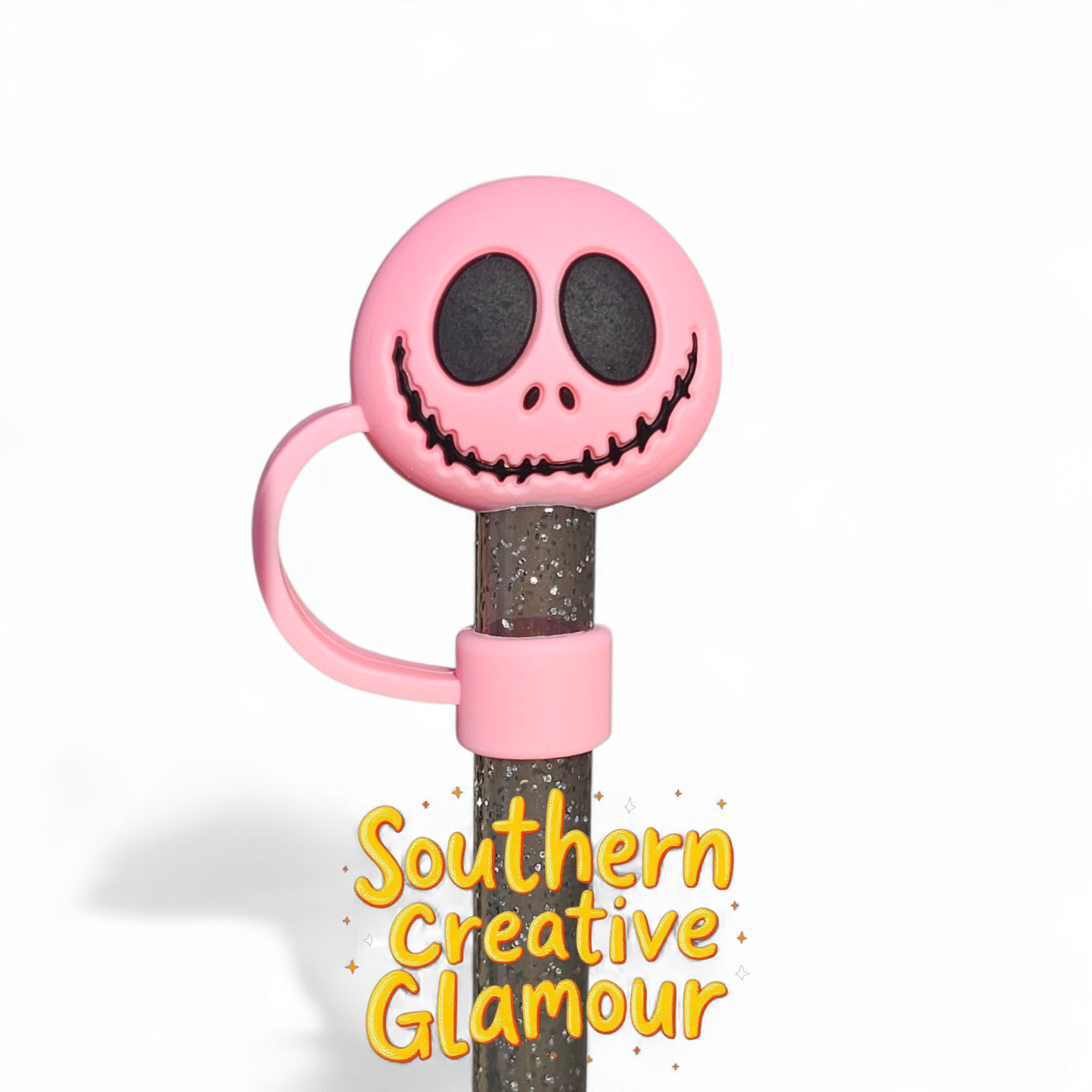Pink and black spooky Halloween Skull 3D Silicone 10mm Straw Topper by Southern Creative Glamour