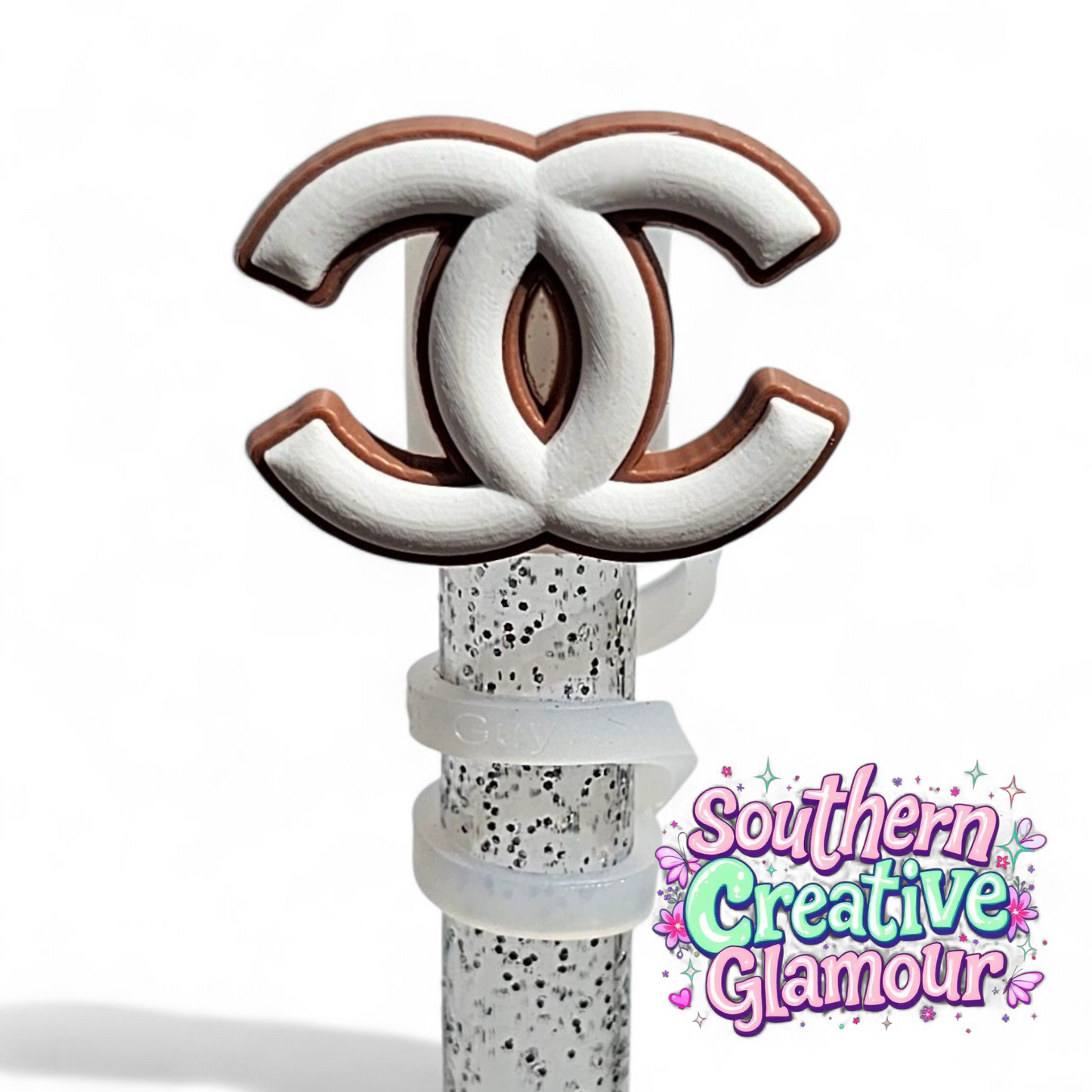 Chanel " CC " Brown & White Fashion 2D Silicone 10mm Straw Topper by Southern Creative Glamour