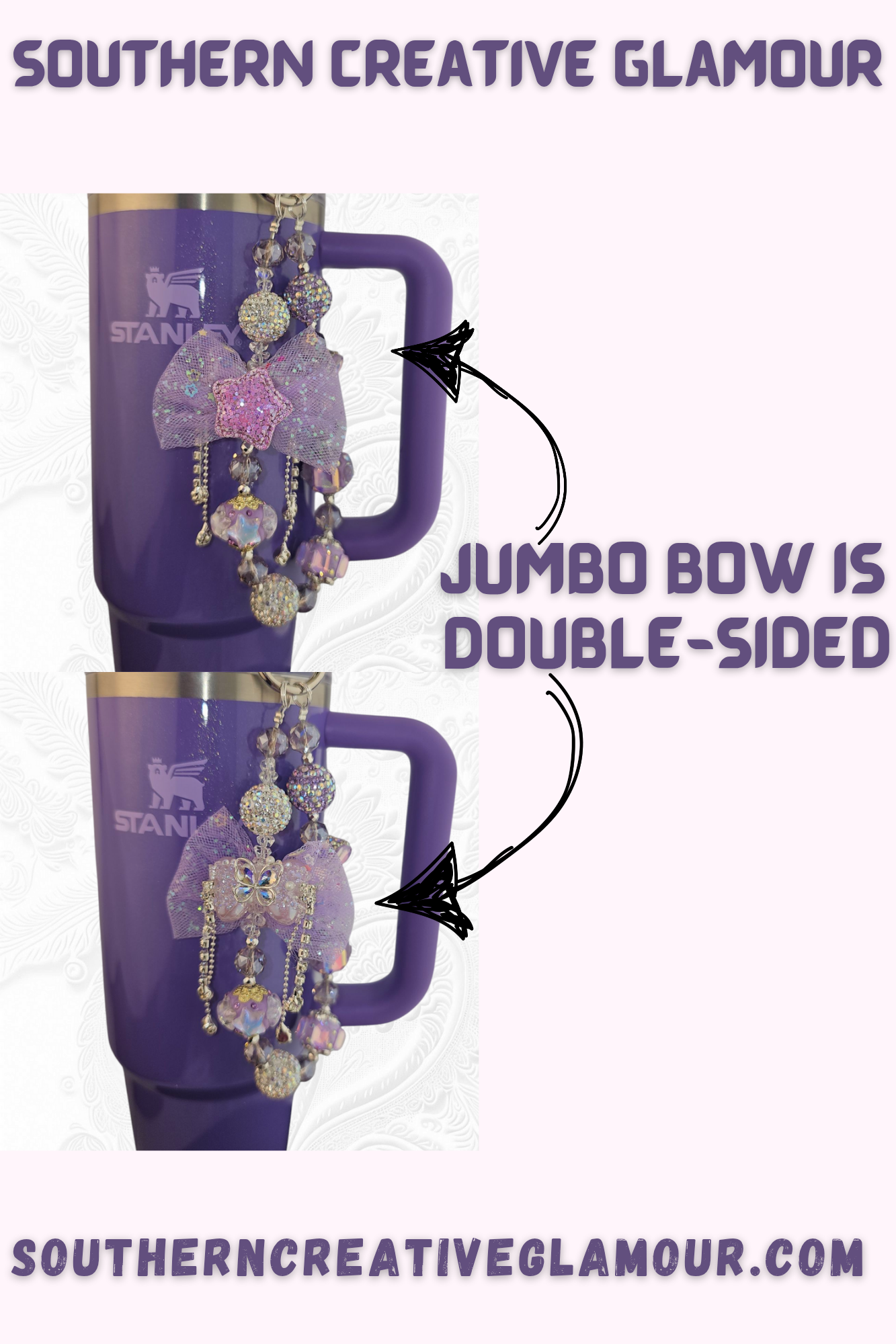 Deluxe Princess Beaded Tumbler Charm Necklace - Lavender Purple
Iridescent Pearlescent Lavendar Purple Crystal Beaded Tumbler Charm Necklace.
The center piece of this beautiful charm is the Jumbo Purple bow tie that is double-sided. One side has a purple sequin star while the other side has a crystal butterfly and diamonds. (diamonds are not real)