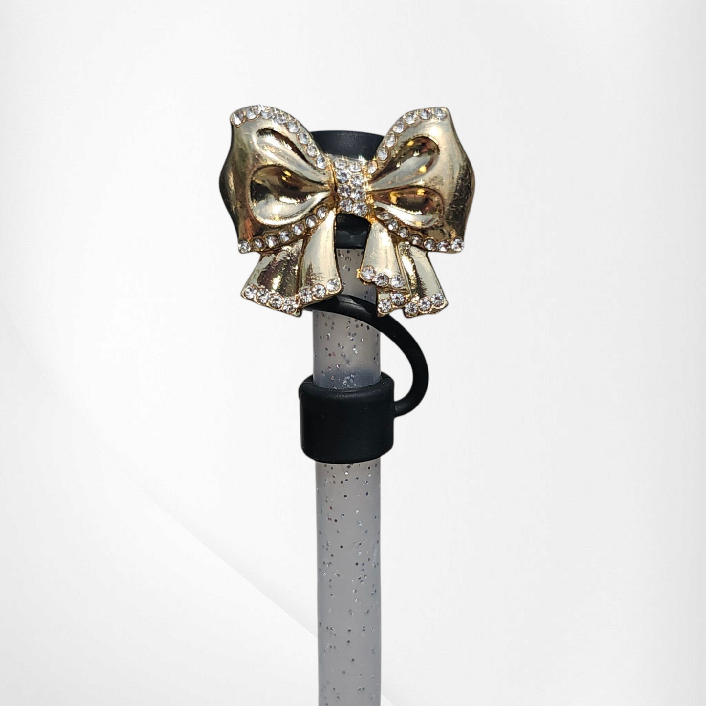 Gold bow with diamonds silicone straw topper