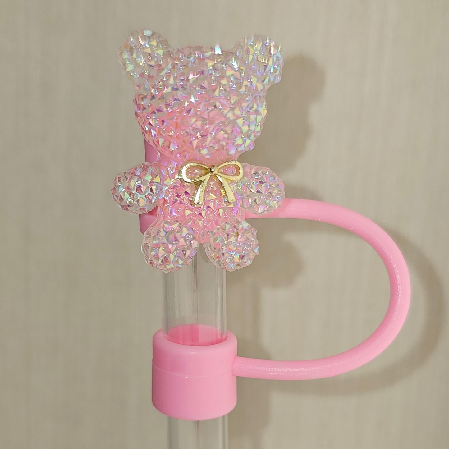 Deluxe Hot Pink and Gold Glitter Teddy Bear Silicone Straw Topper - Straw Cover