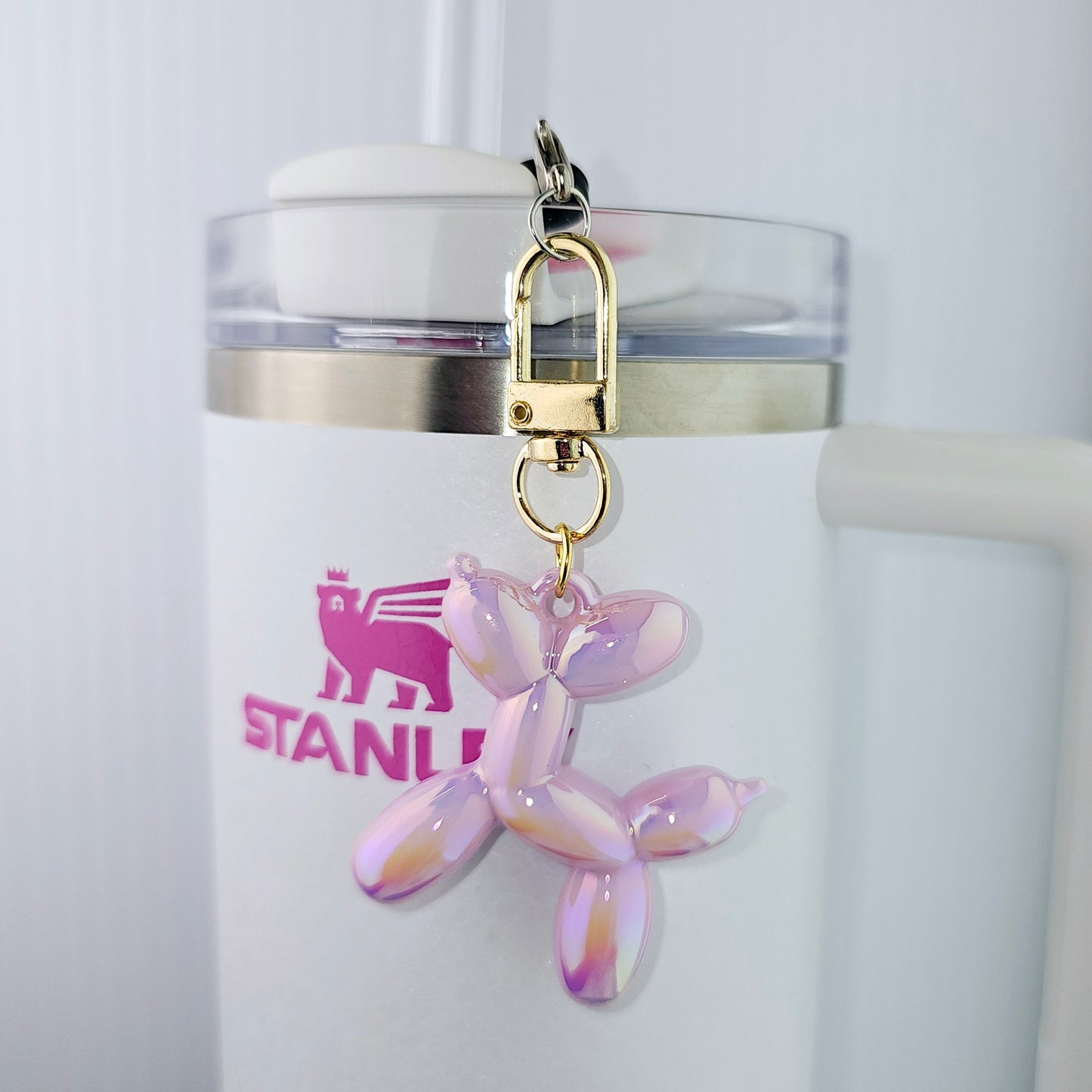 Light Pearl Pink Balloon Dog tumbler charm wire gold swivel lobster clasp.