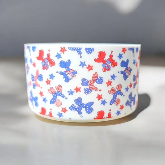 Red, white, and blue 4th of July balloon dog silicone tumbler boot.