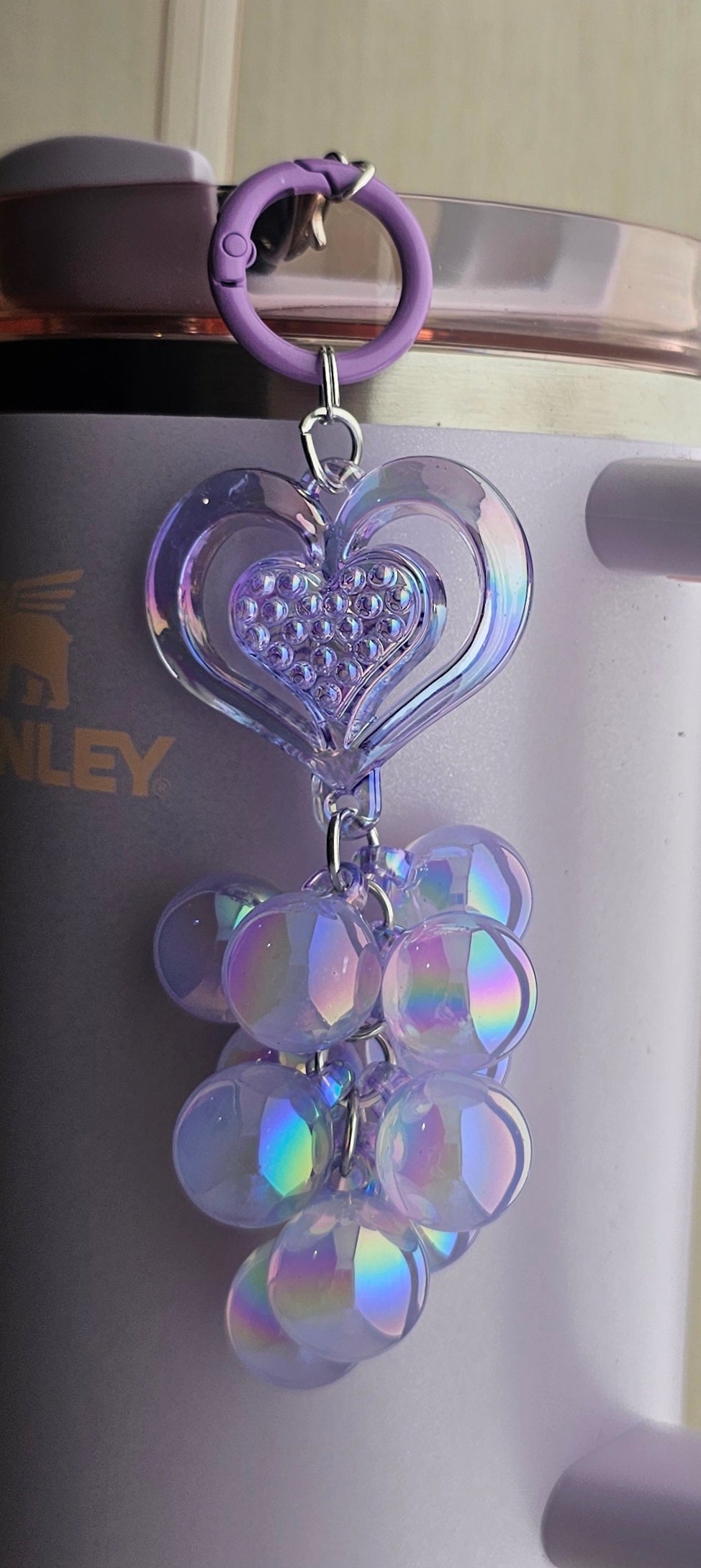 Iridescent Pearlescent Pearl Purple Heart and Jelly Beaded Charm Pendant. Use as tumbler straw charm, purse charm, bag charm, backpack charm, cellphone charm, or keychain charm.