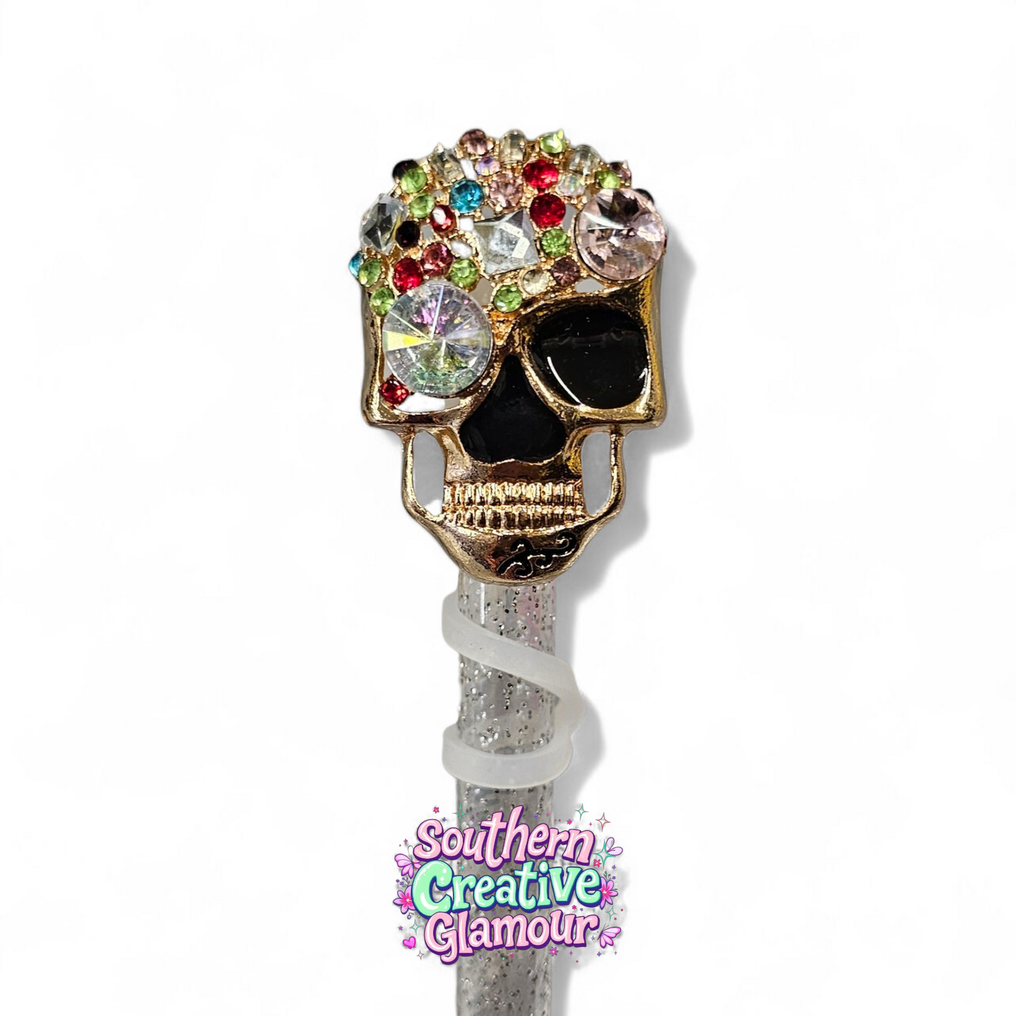 Bejeweled Rainbow Diamond Skull Straw Topper by Southern Creative Glamour