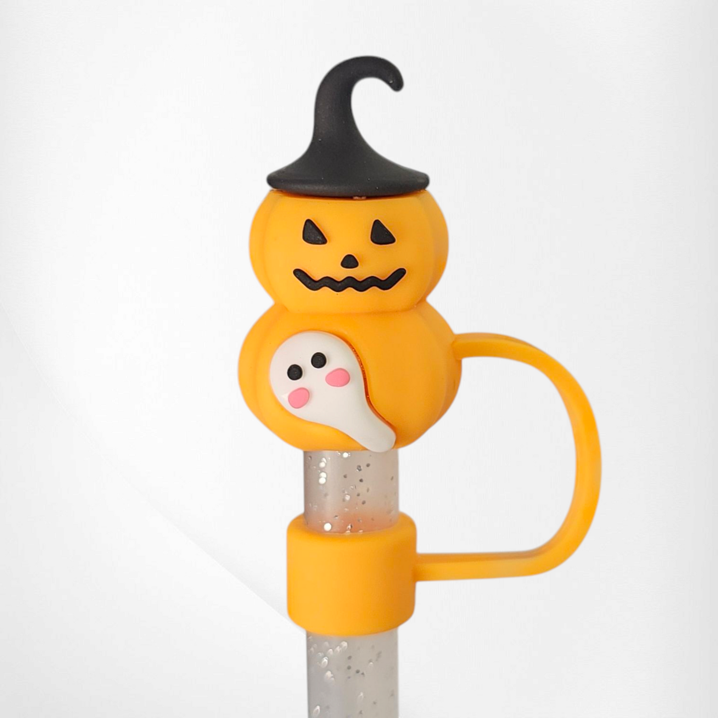 Orange Cute Halloween Pumpkin Jack-o-Lantern and White Ghost Silicone Straw Topper