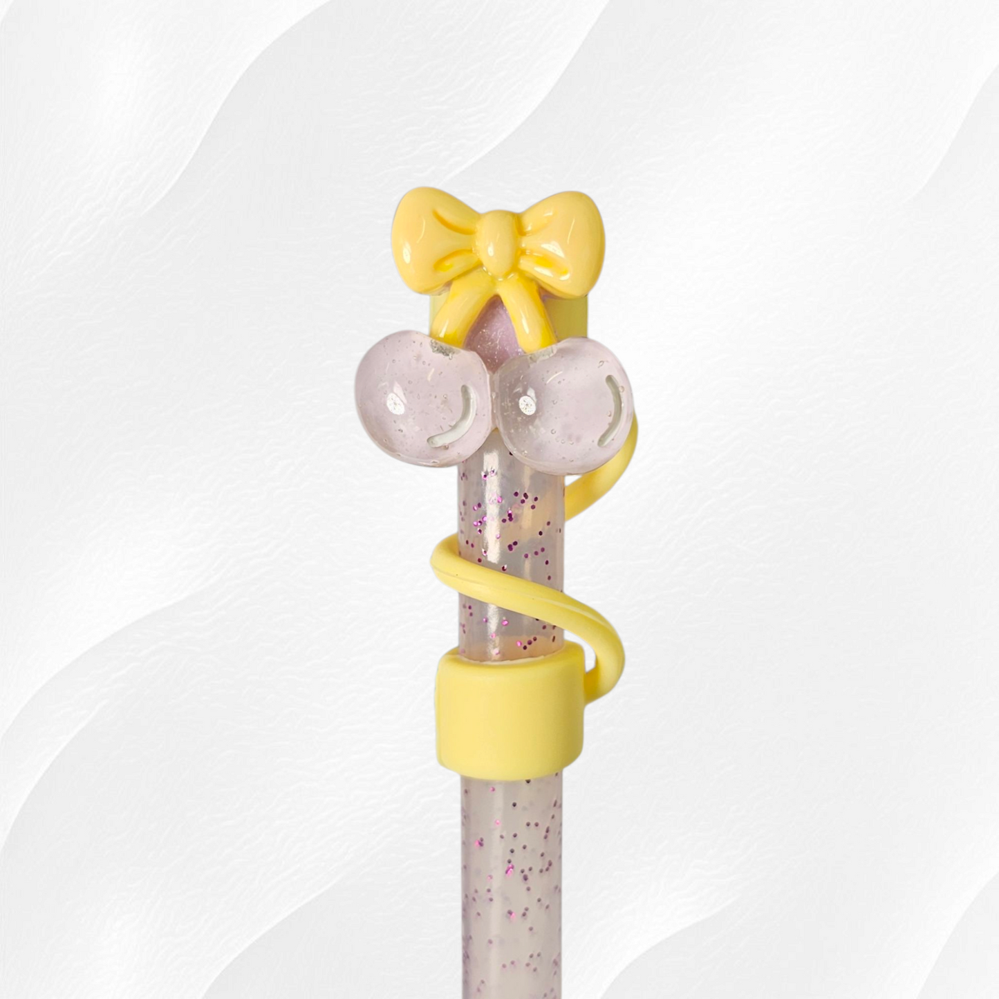 Yellow cherries & bows silicone straw topper