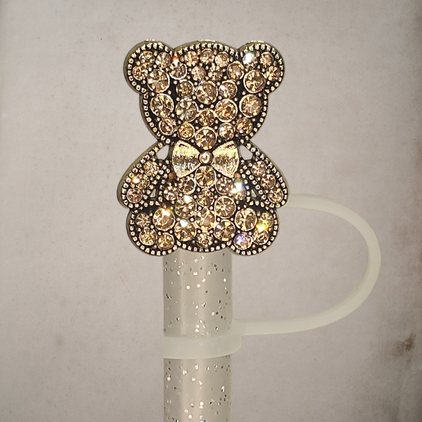 Luxury metal gold Diamond Teddy Bear Straw Topper - Straw Cover. Fits 10mm and Stanley tumbler straws.
