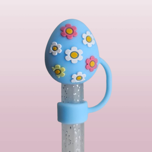 Spring Blue Easter Egg with pink, white, and yellow daisy flowers 3D Silicone Straw Topper  - Straw Cover. Fits 10mm and Stanley Straws.