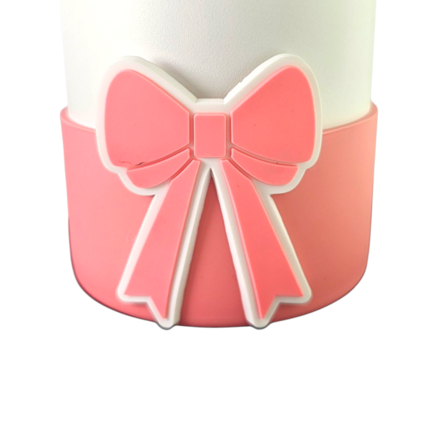 Bubblegum Pink Bow Silicone Tumbler Boot. Fits Stanley and most 24oz-40oz tumblers. Has flaw.