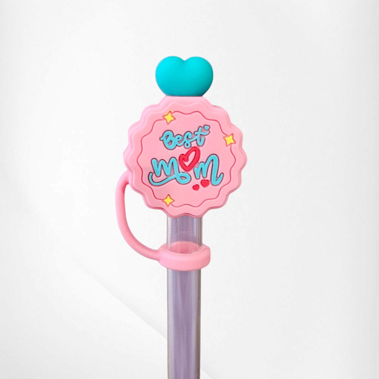 Pink and Teal Best Mom 3D Silicone Straw Topper  - Straw Cover.