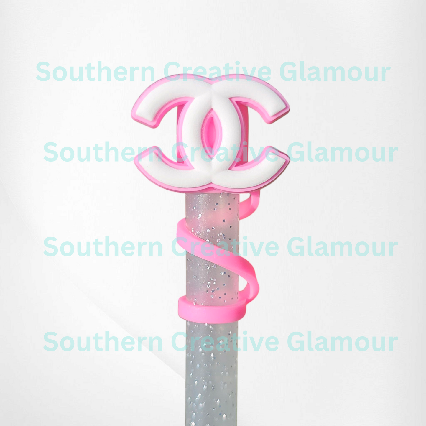 Pink and white CC silicone straw topper - straw cover.