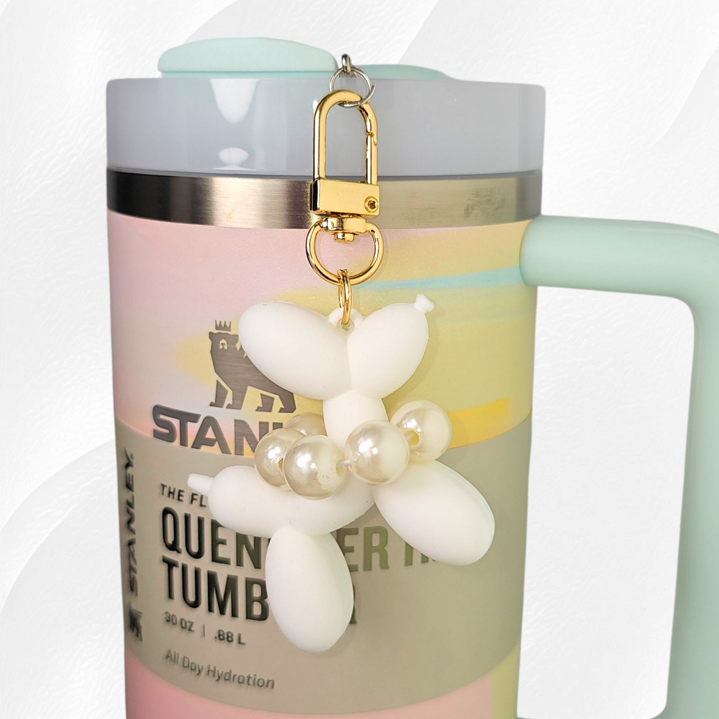 White Silicone Balloon Dog and gold swivel lobster clasp tumbler charm.