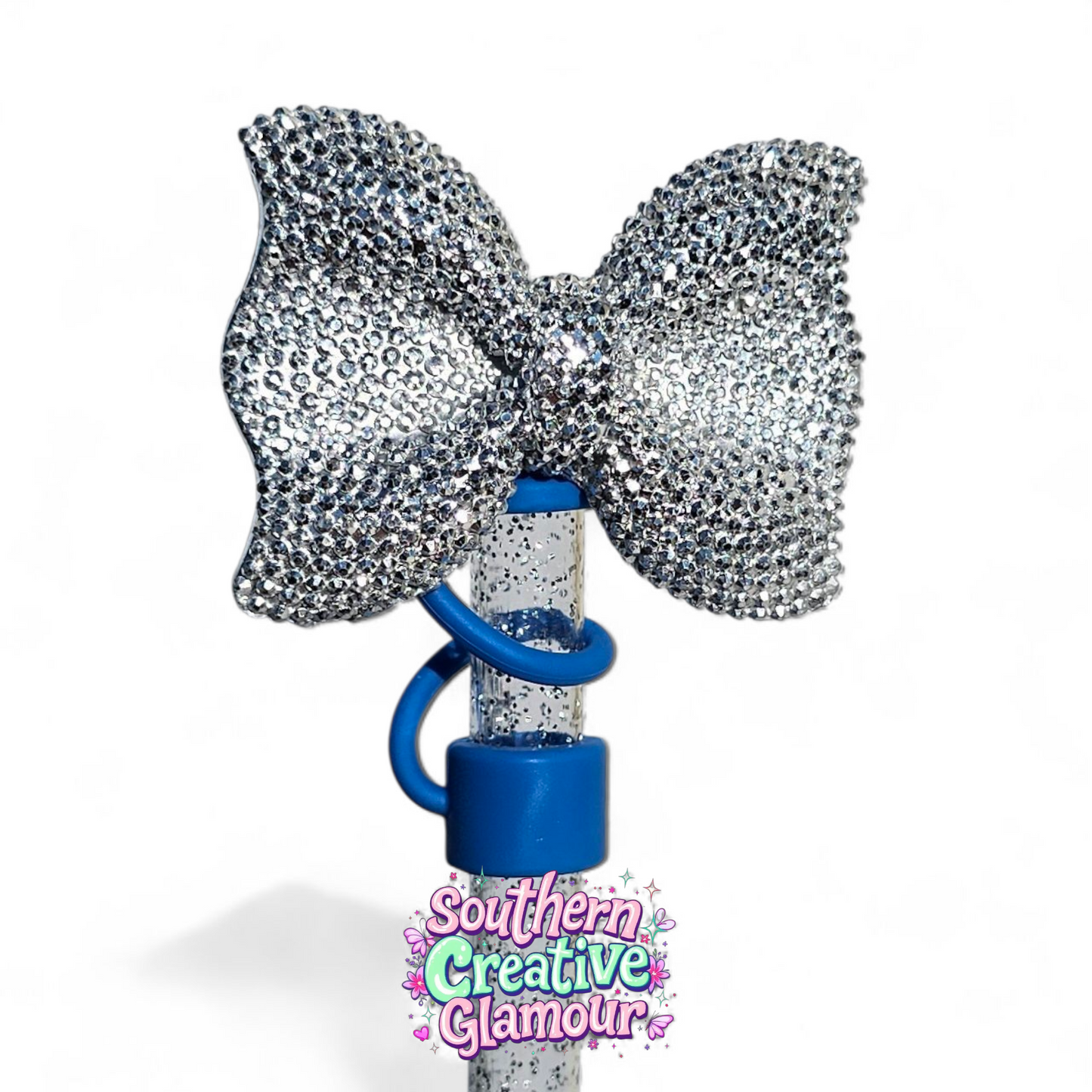 Silver Glitter Bow with Blue Silicone Straw Topper Base by Southern Creative Glamour