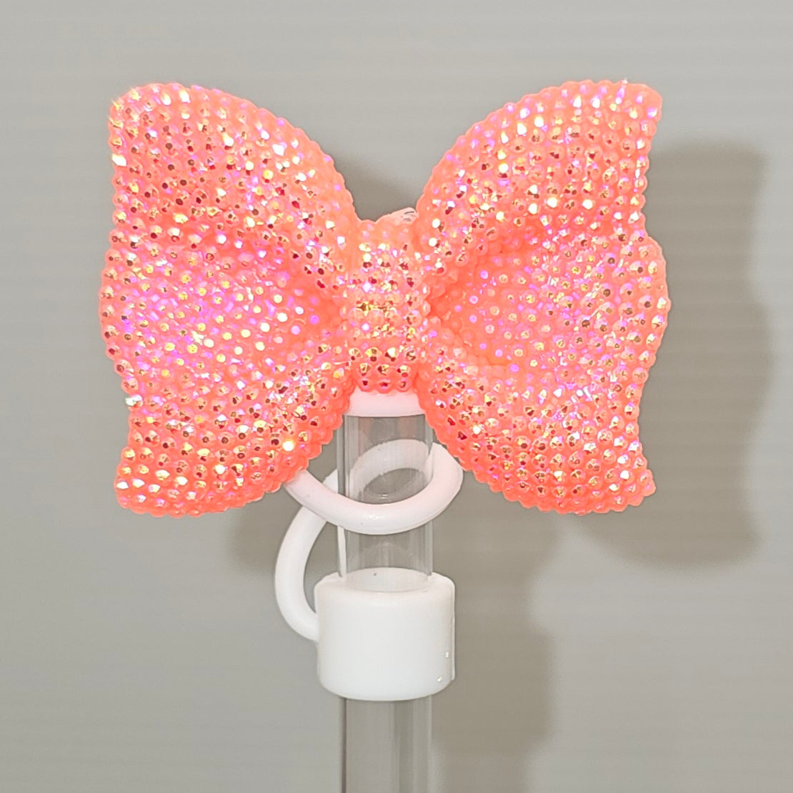 Coral Pink Glitter Bow with white Silicone Straw Topper base. Straw Cover - Straw Topper