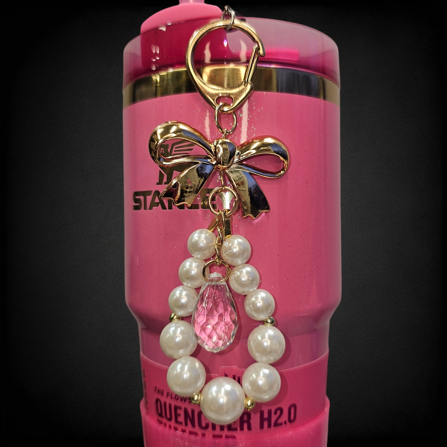 Gold Ribbon, beaded faux pearl, and clear crystal charm pendant. Use as a tumbler straw charm.