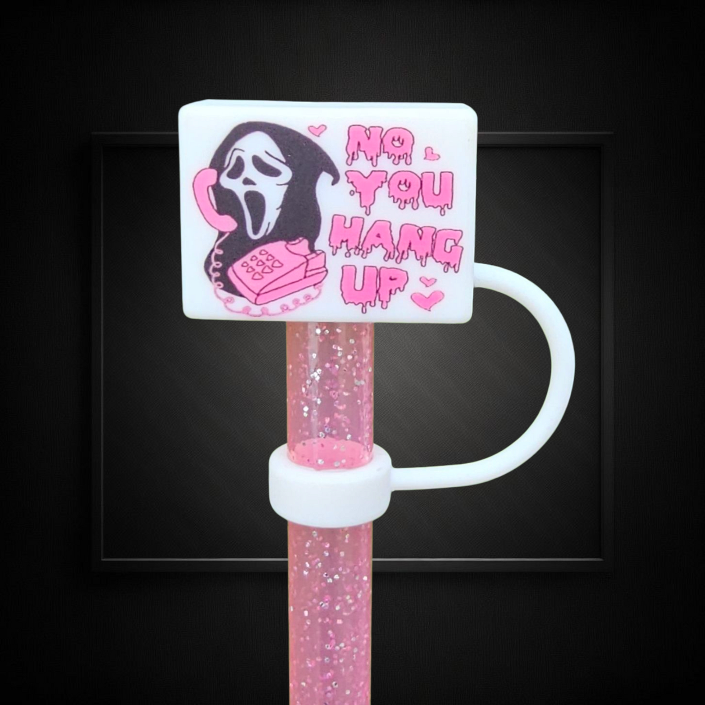 Pink and black Ghost Face Scream 3D Silicone Straw Topper