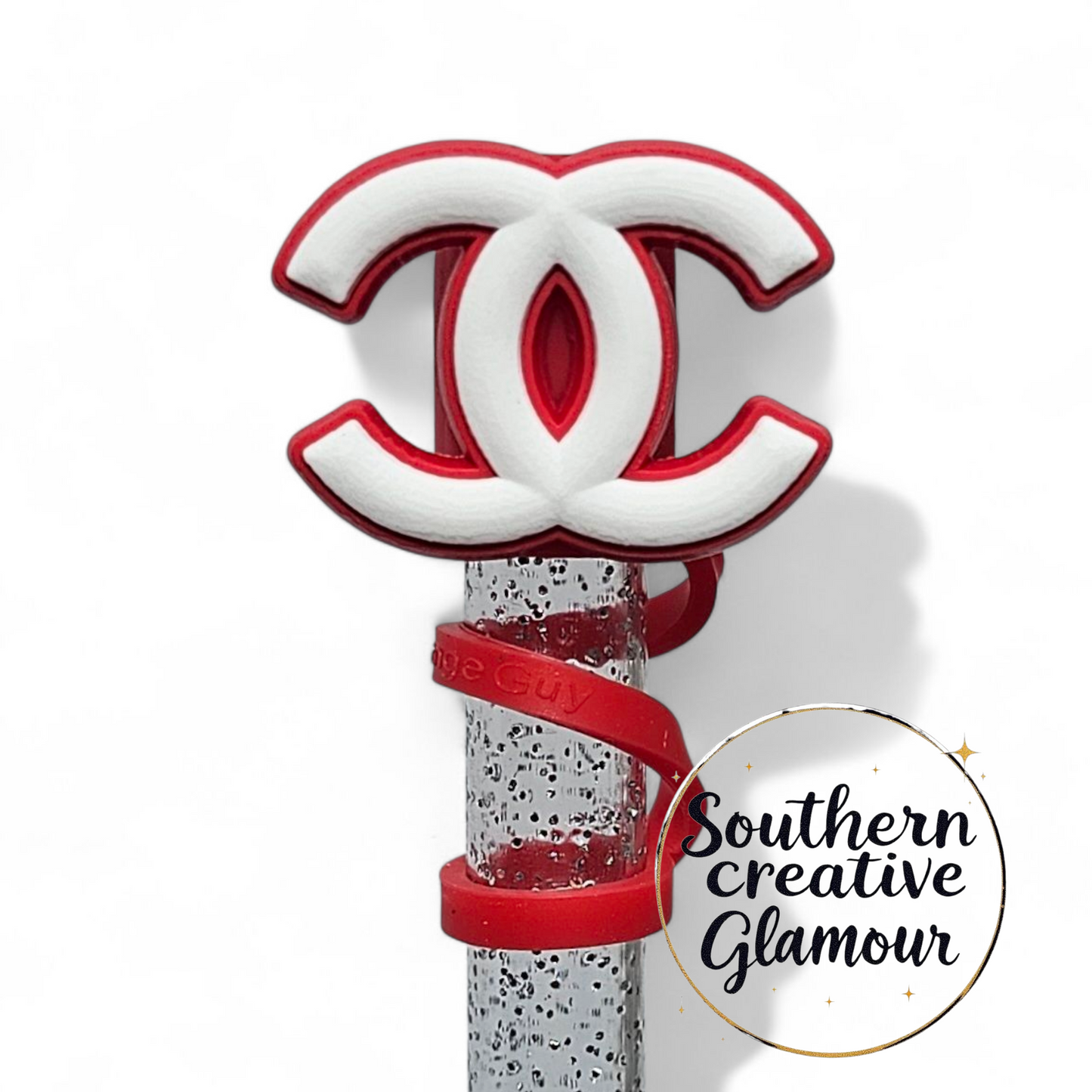 Chanel " CC " Red & White Fashion 2D Silicone 10mm Straw Topper by Southern Creative Glamour