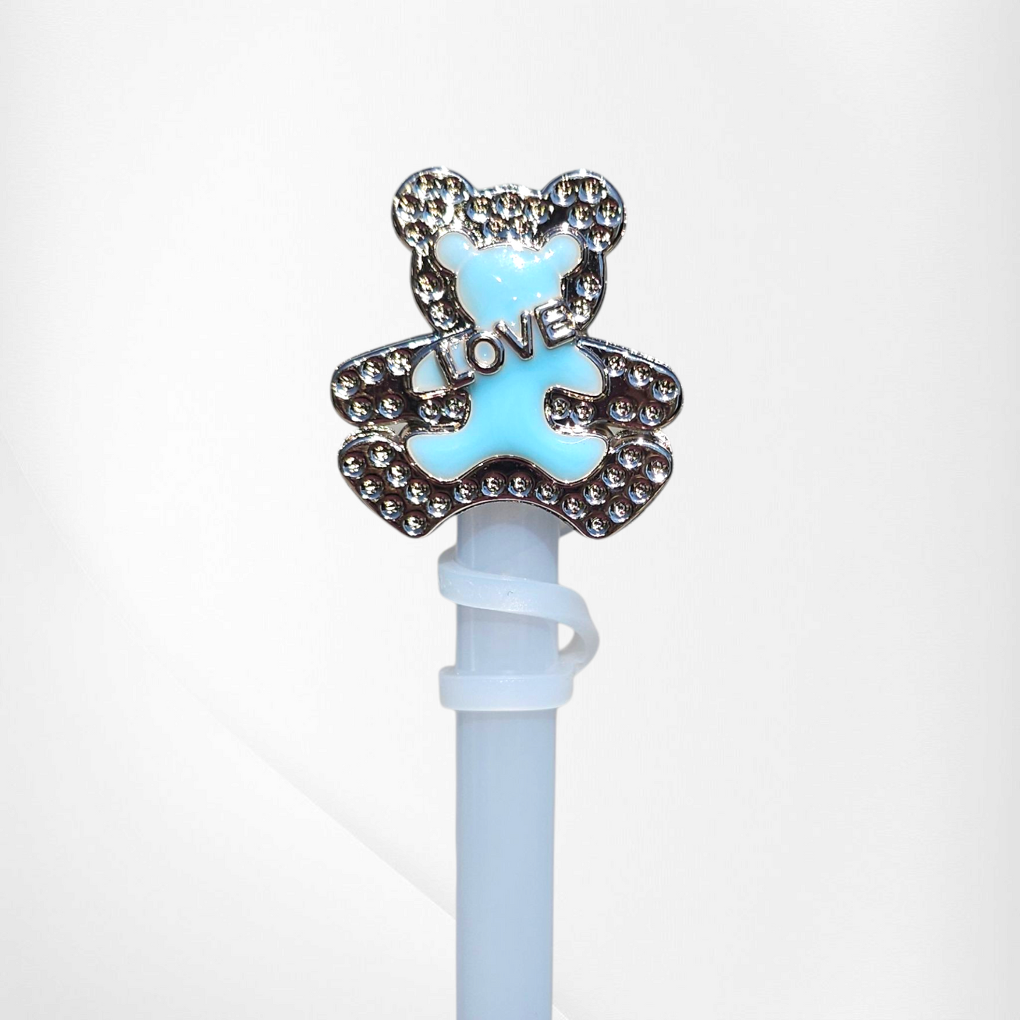 Blue teddy bear love silicone straw topper - straw cover.