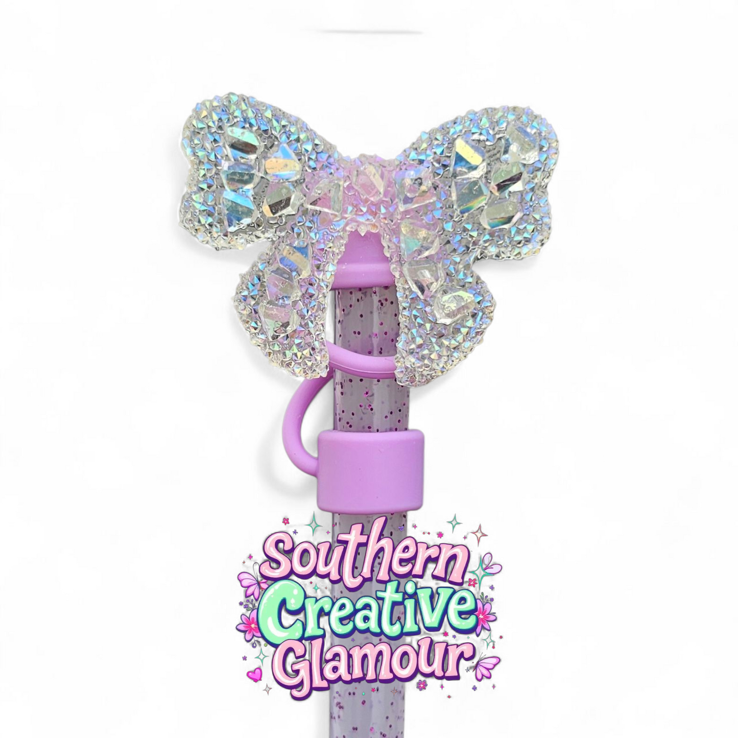 Glitter Ribbon Bow Silicone 10mm Straw Topper - Lavender Crystal by Southern Creative Glamour