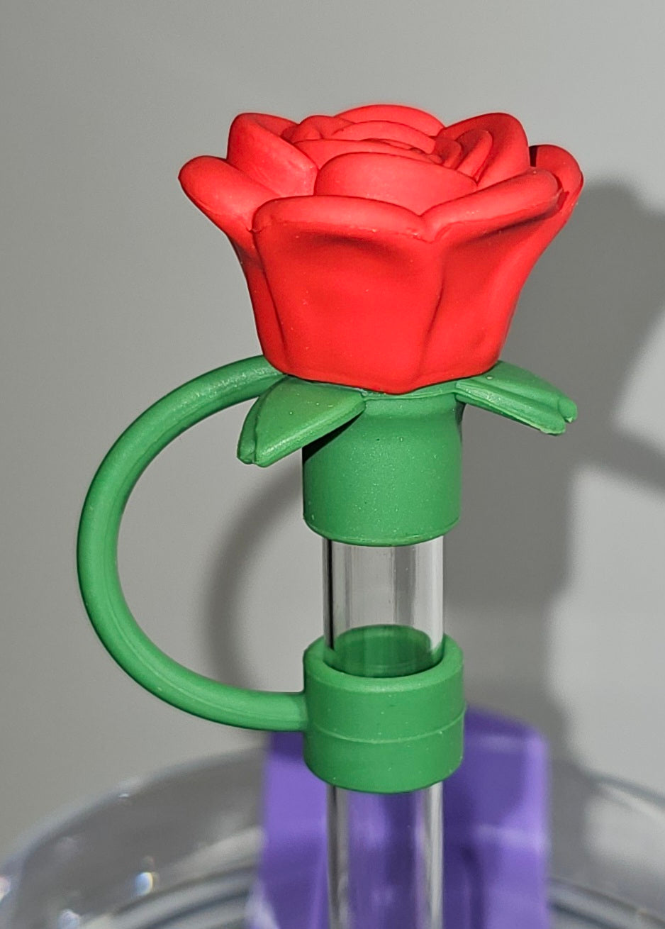 Red and Green Rose Flower 3D Silicone Straw Topper - Straw Cover - Straw Cap