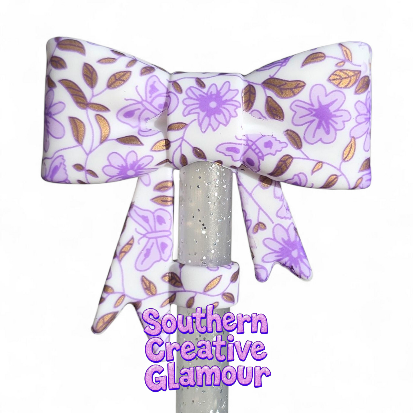 Classic Purple Floral 3D Bow Silicone 10mm Straw Topper