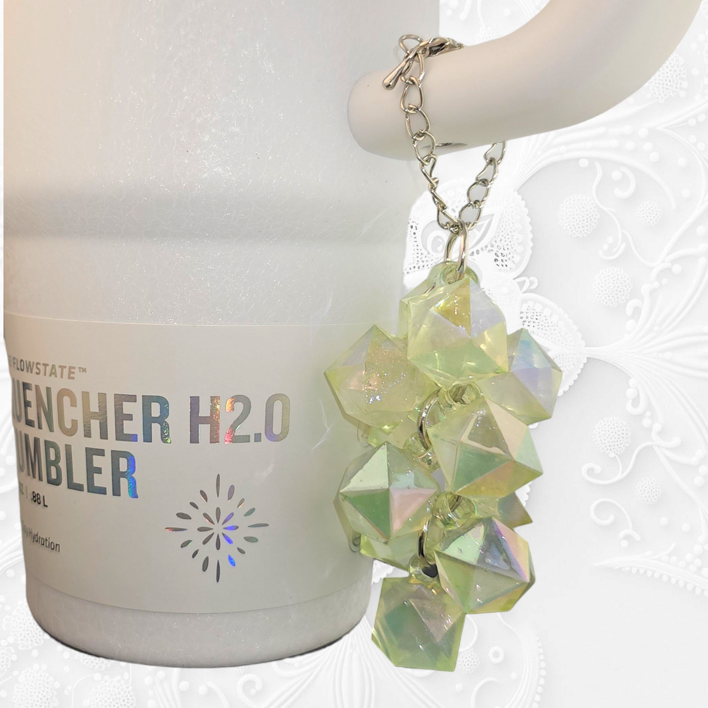 Spring Green Crystal Beaded Tumbler Charm. Use as a tumbler straw charm or tumbler cup handle charm.
