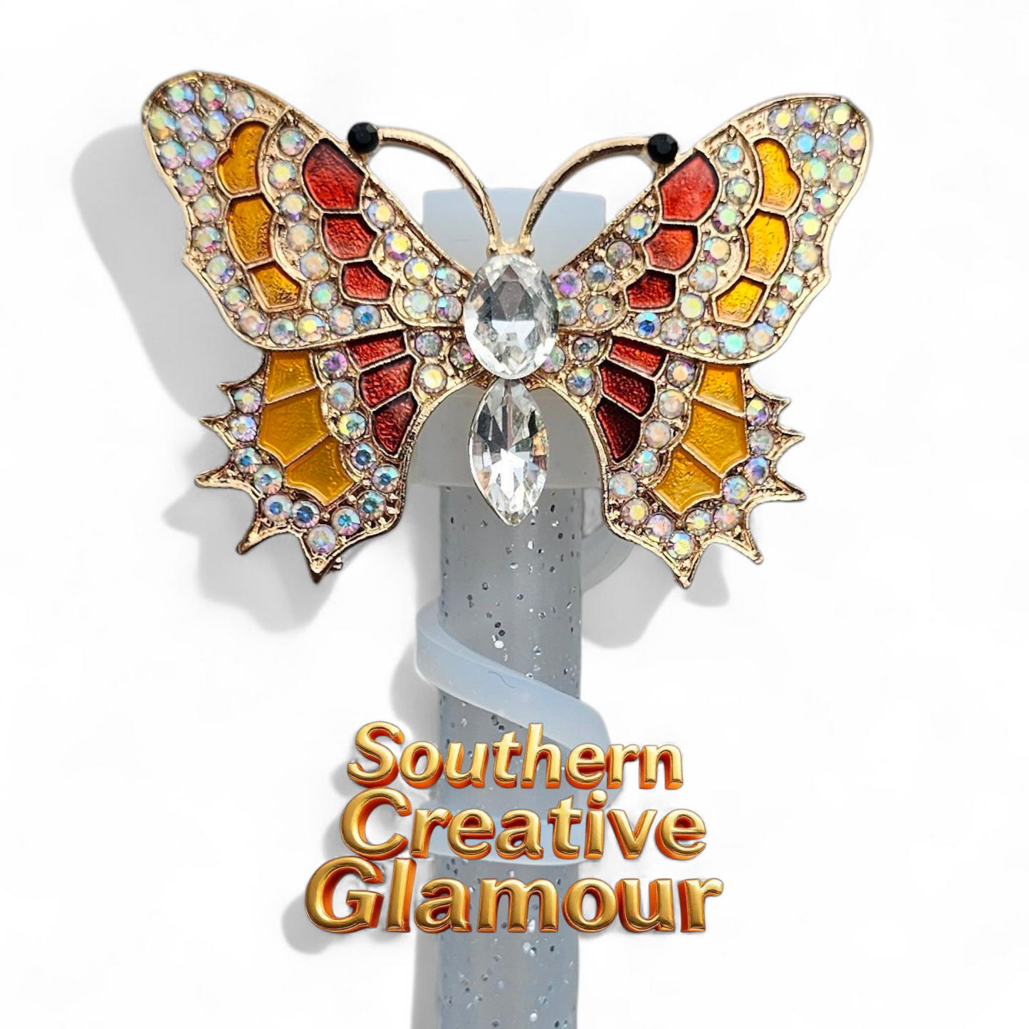 Luxury metal gold, orange, and diamond butterfly straw topper - straw cover by Southern Creative Glamour