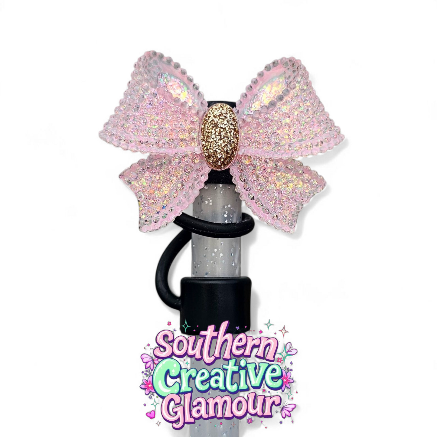 Barbie Pink and Gold Glitter Ribbon Bow with a black Silicone straw base - Silicone Straw Topper - Straw Cover - Straw Cap by Southern Creative Glamour