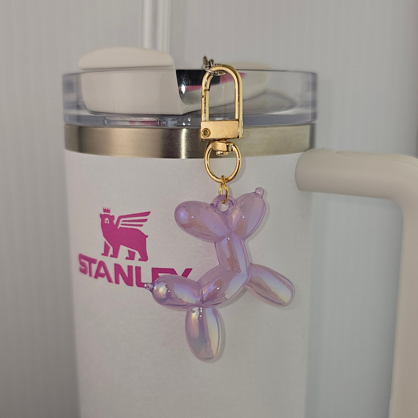 Light Pearl Purple Balloon Dog tumbler charm wire gold swivel lobster clasp.