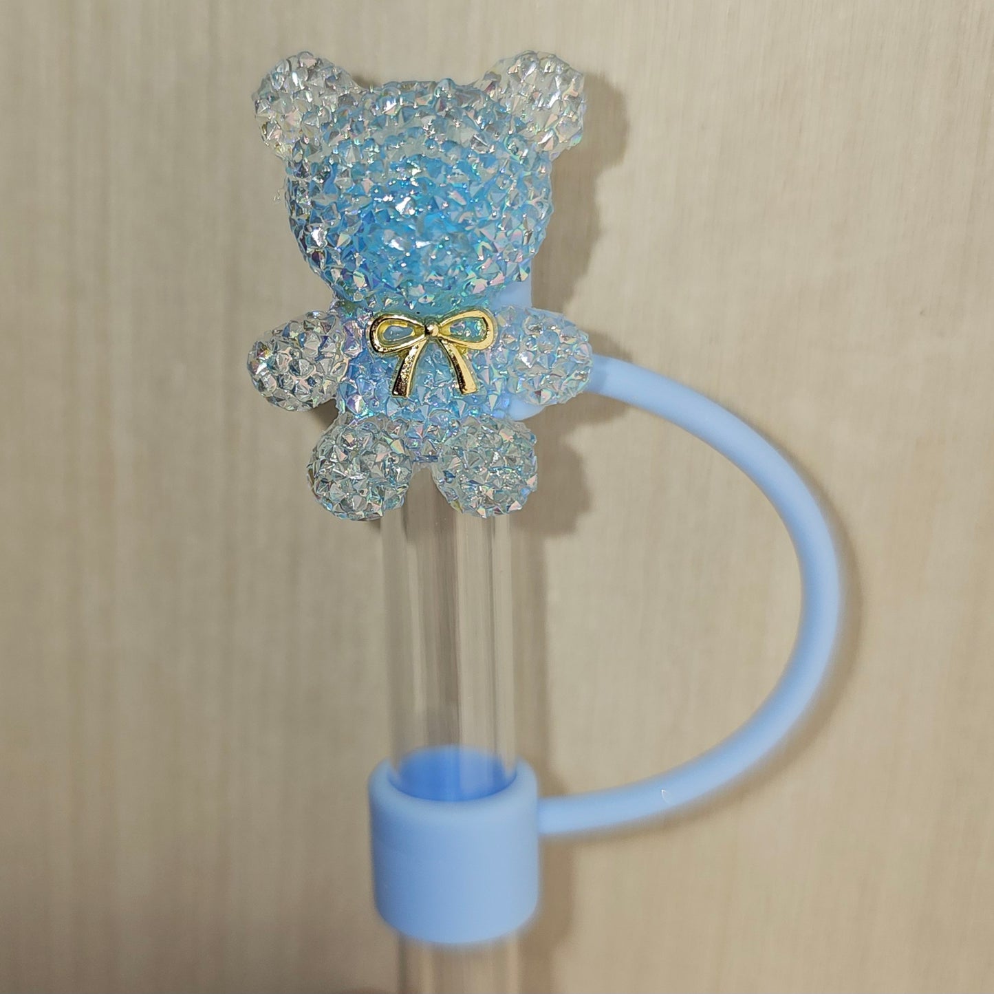 Deluxe Spring Blue and Gold Glitter Teddy Bear Silicone Straw Topper - Straw Cover