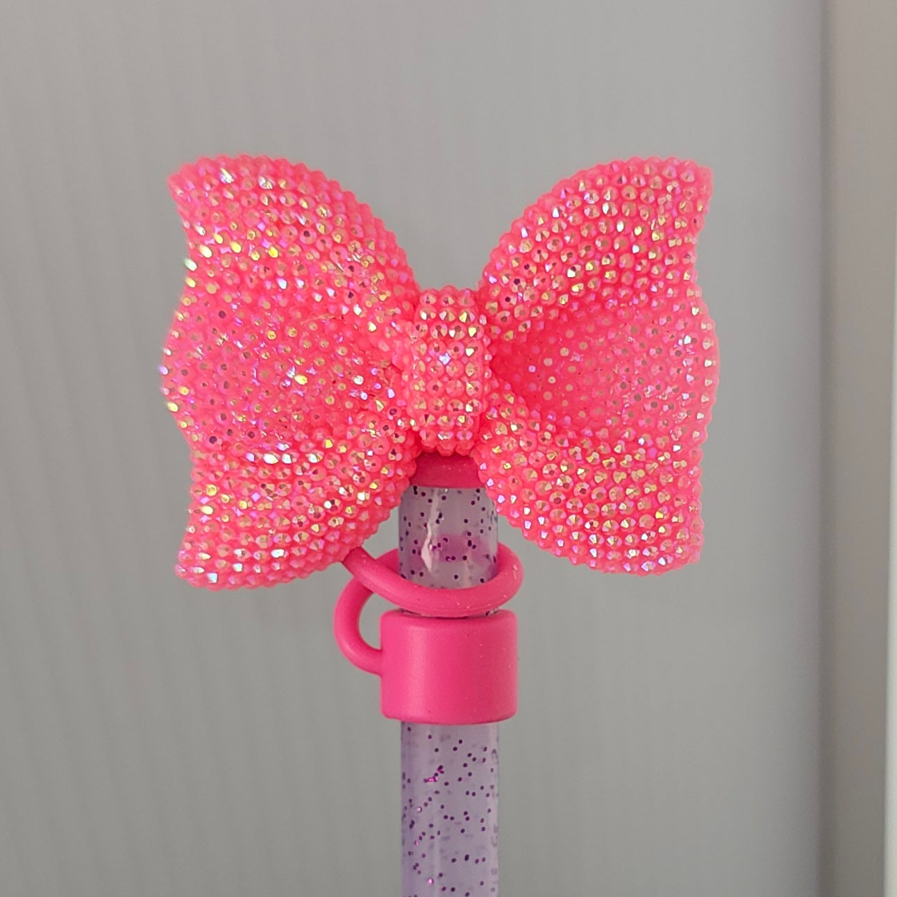 Barbie Pink Glitter Bow Straw Topper - Straw Cover. Fits 10mm and Stanley Straws.