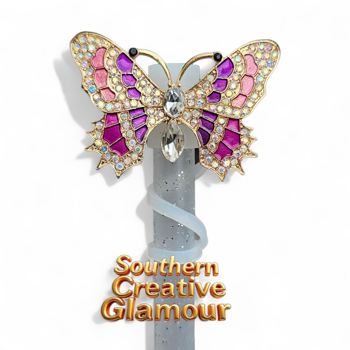 Luxury metal gold, purple, and diamond butterfly straw topper - straw cover by Southern Creative Glamour