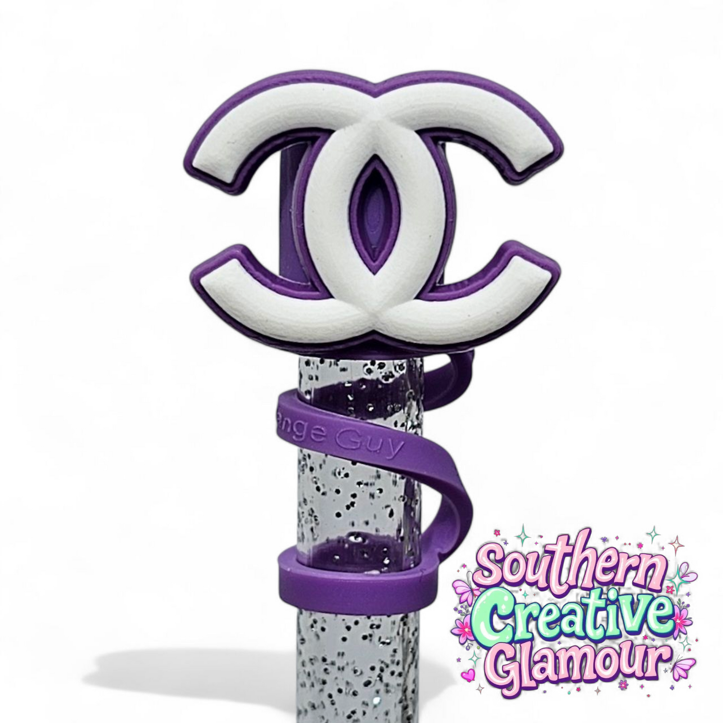 Chanel " CC " Purple & White Fashion 2D Silicone 10mm Straw Topper by Southern Creative Glamour