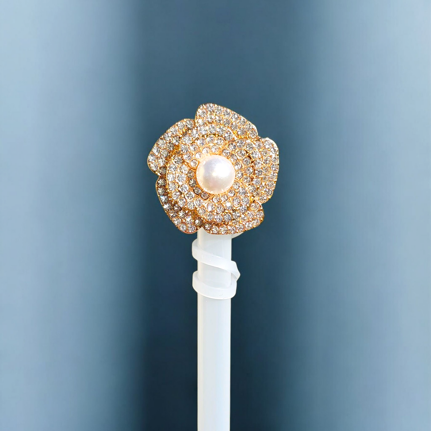 Deluxe Metal Diamond Pearl Flower Silicone Straw Topper - Straw Cover.