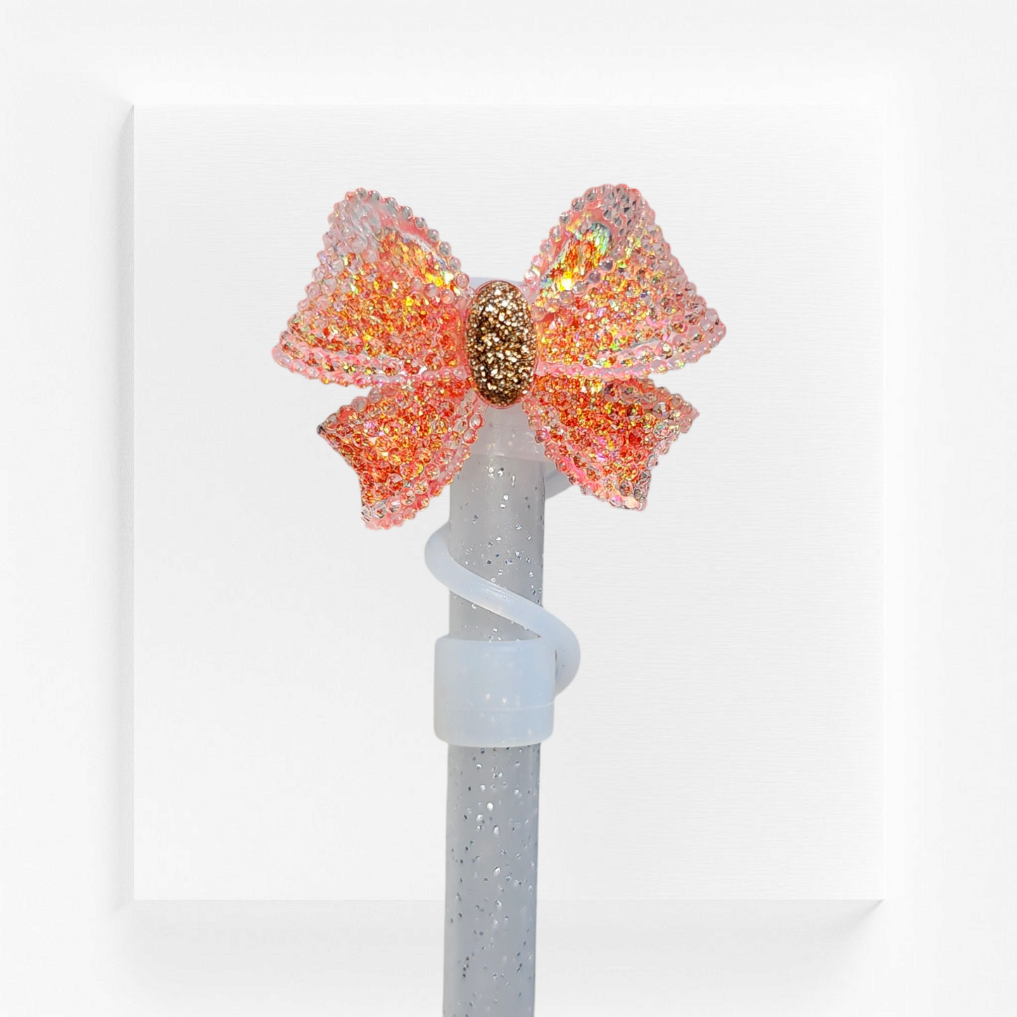 Coral Glitter Ribbon Bow Silicone Straw Topper by Southern Creative Glamour