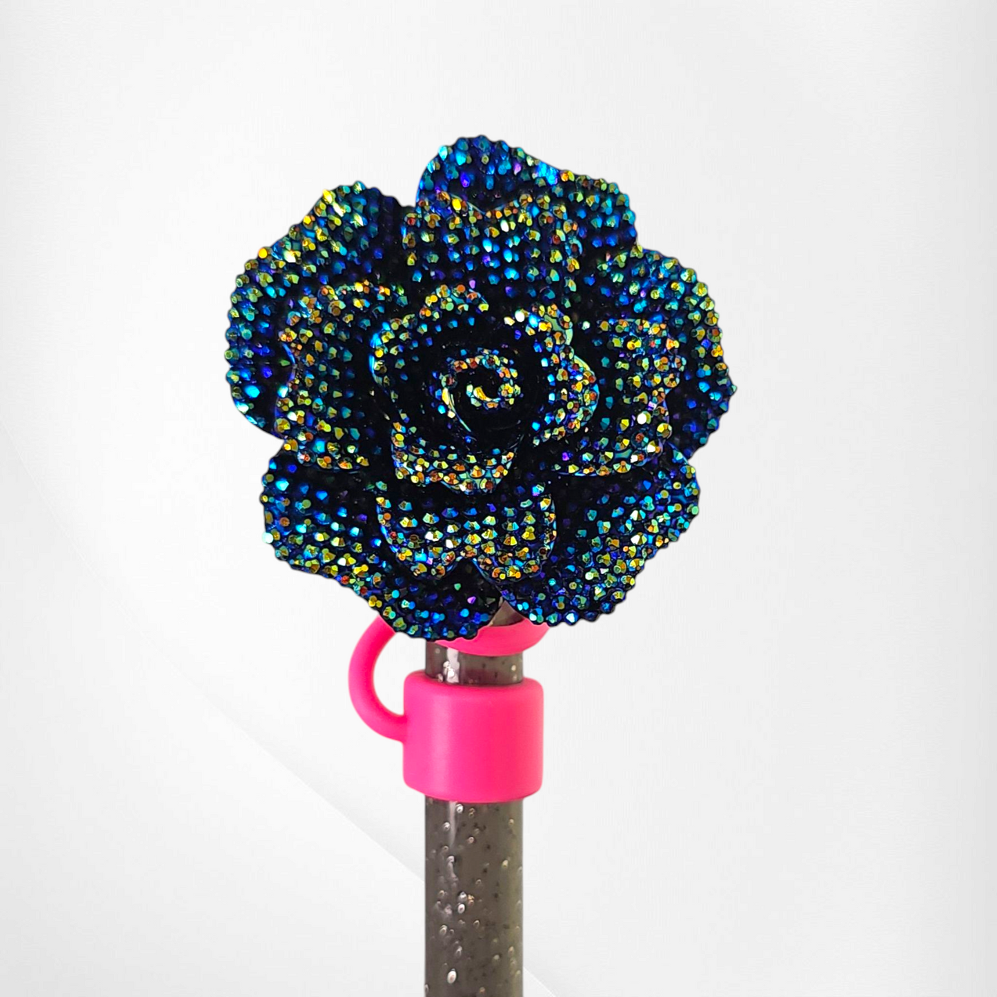 Black Chroma Glitter Rose Straw Topper with Barbie Pink Straw cap base.