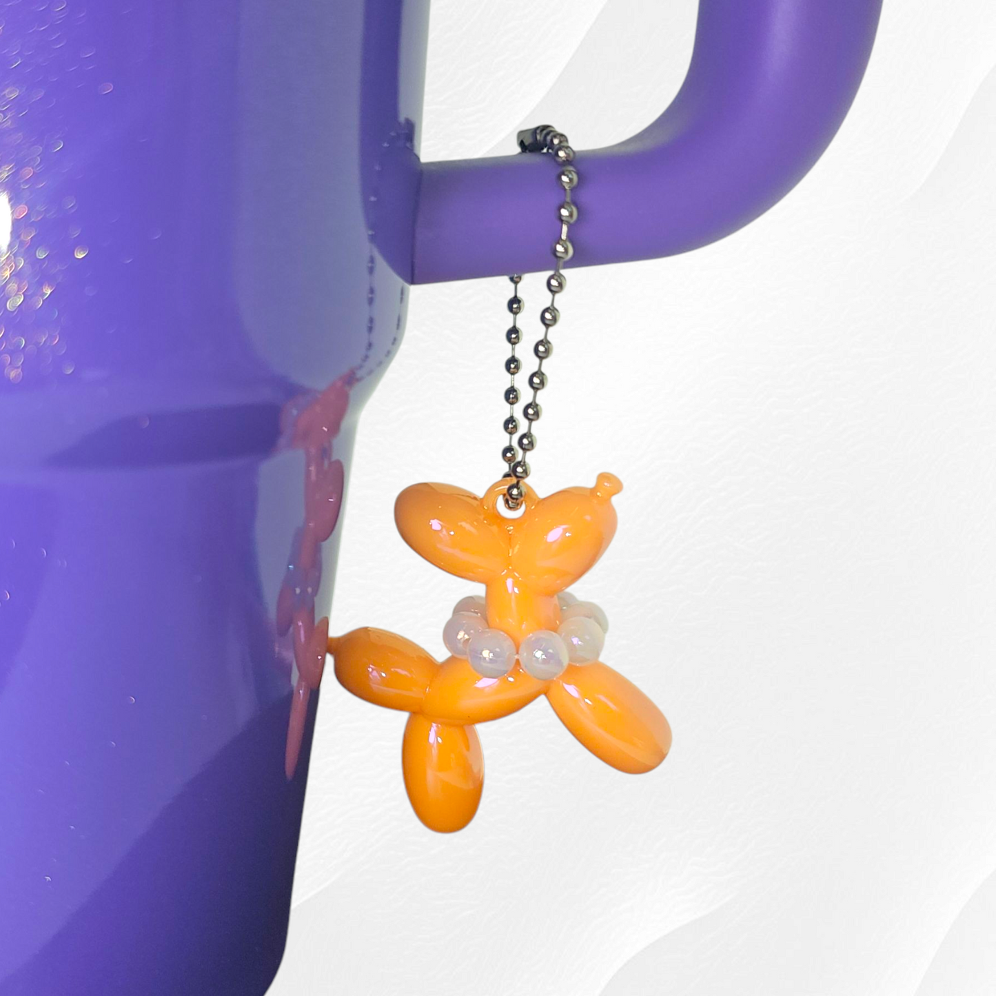 Iridescent Pearlescent Orange  / Peach Balloon Dog Charm with Beaded Faux Pearl Necklace.