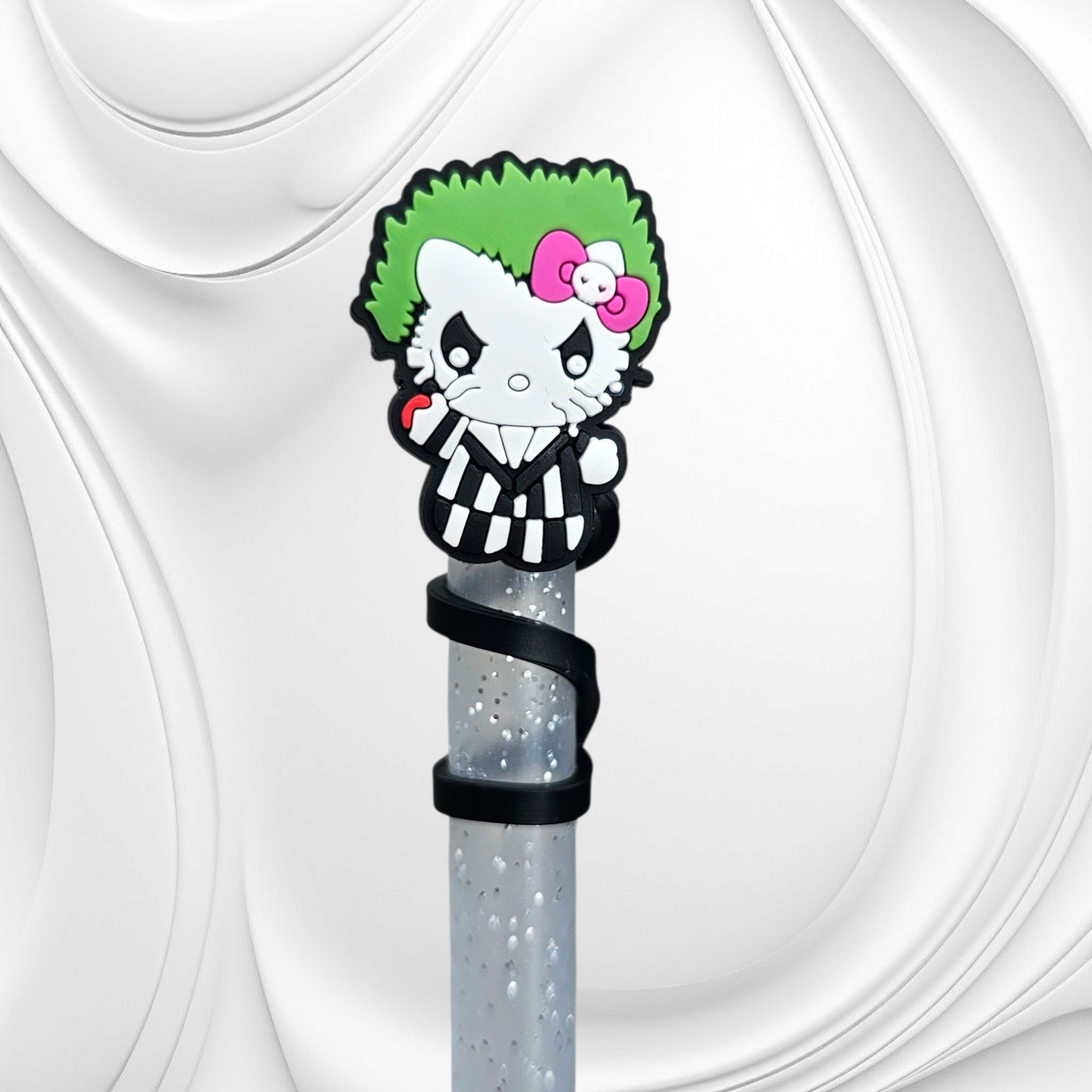 Beetlejuice Hello Kitty inspired Halloween Silicone Straw Topper.