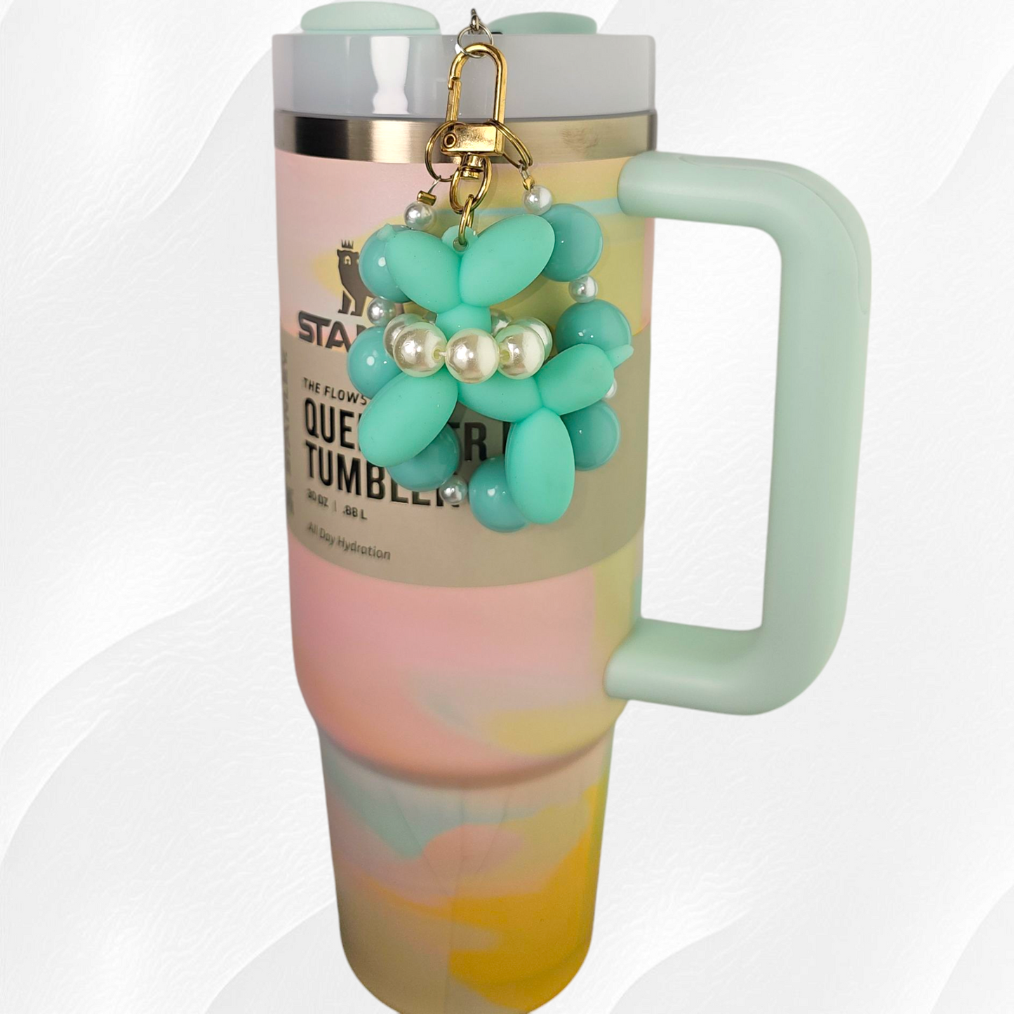 Mint Green Balloon Dog and beaded faux pearl charm bracelet tumbler straw charm.
