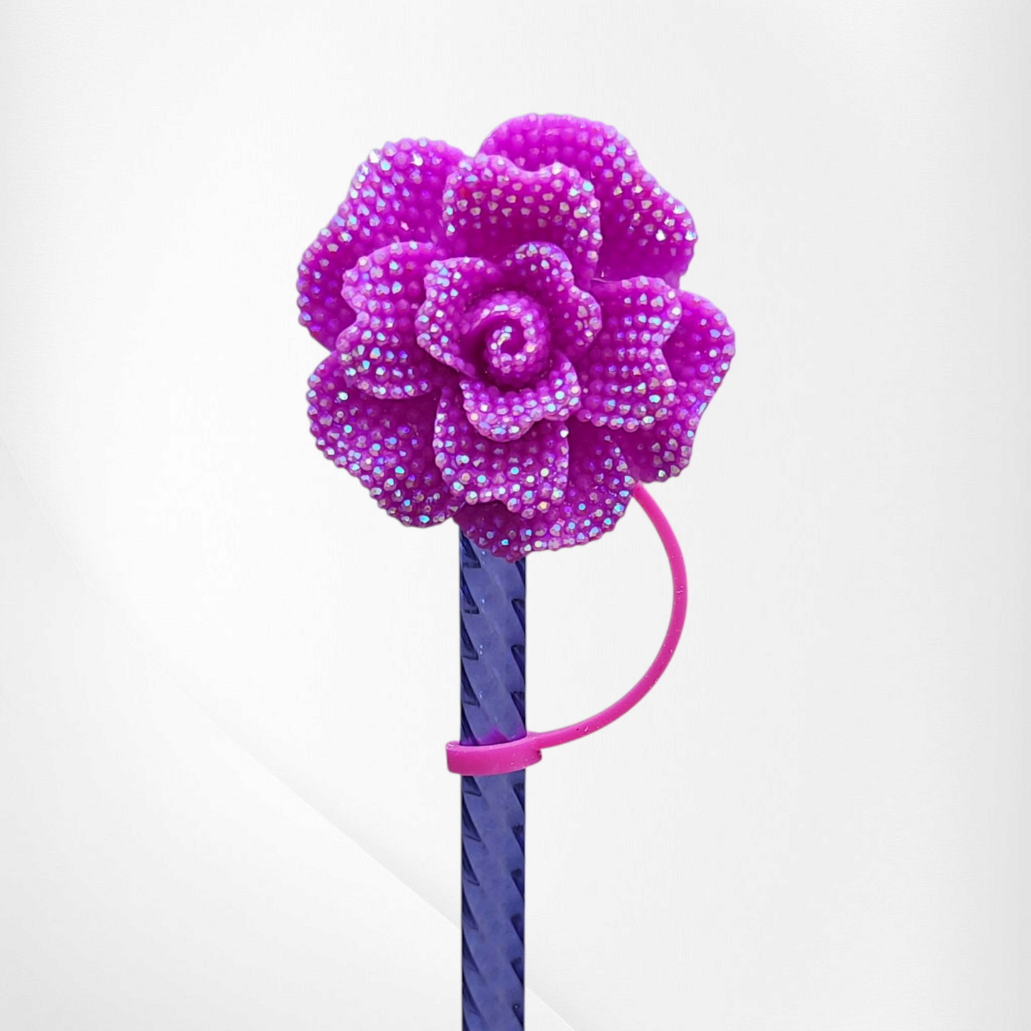 Rose Flower Glitter 8mm Straw Topper - Violet Purple