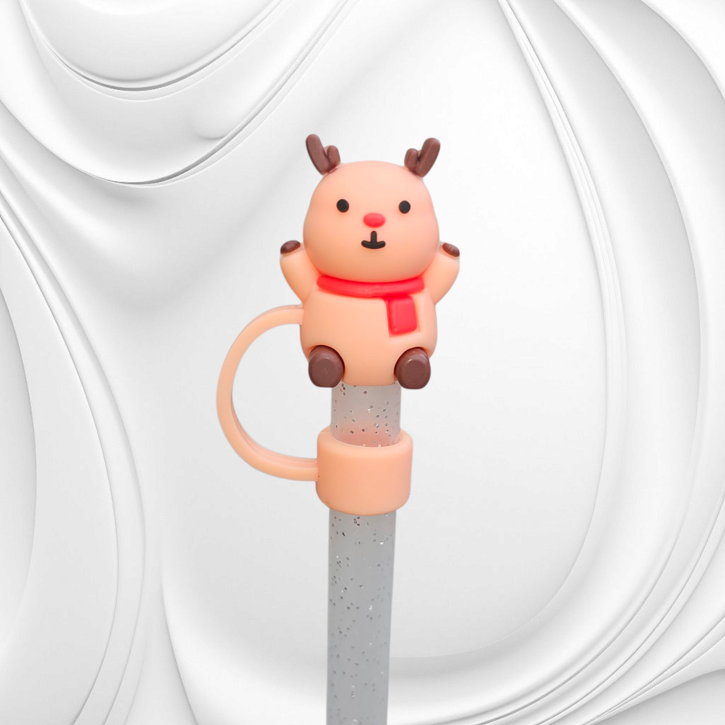 Cute Holiday Rudolph the Red Nose Reindeer 3D Silicone Straw Topper.