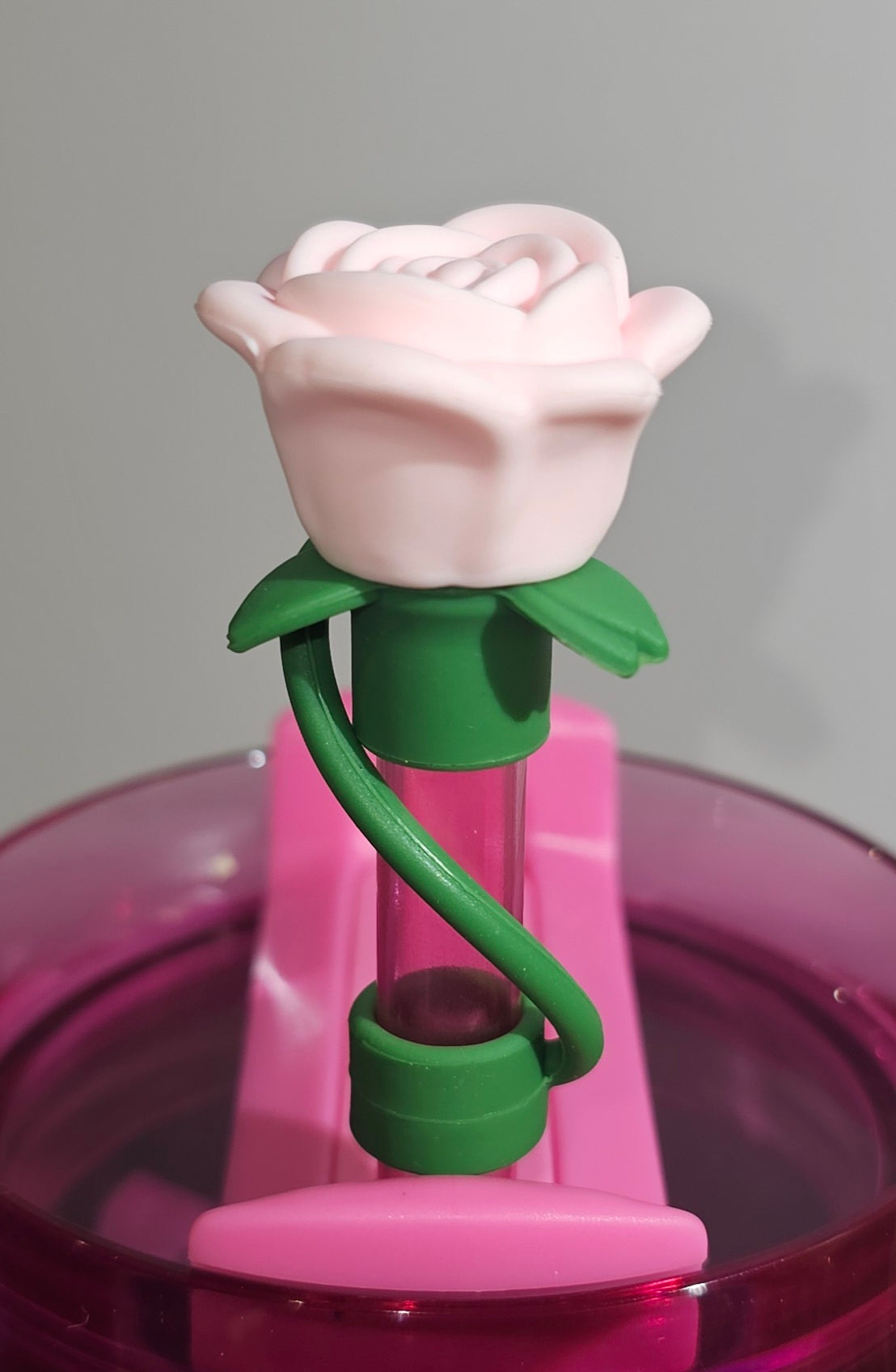 Light Blush Pink and Green Rose Flower 3D Silicone Straw Topper - Straw Cover - Straw Cap