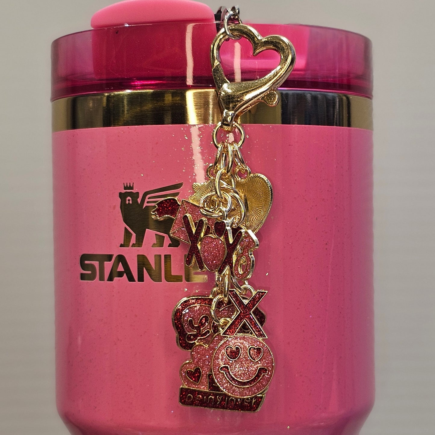 Red, Pink, and Gold Glitter Hearts, XOXO, and Smiley Face Valentine's Day Straw Charm - Straw Dangle.