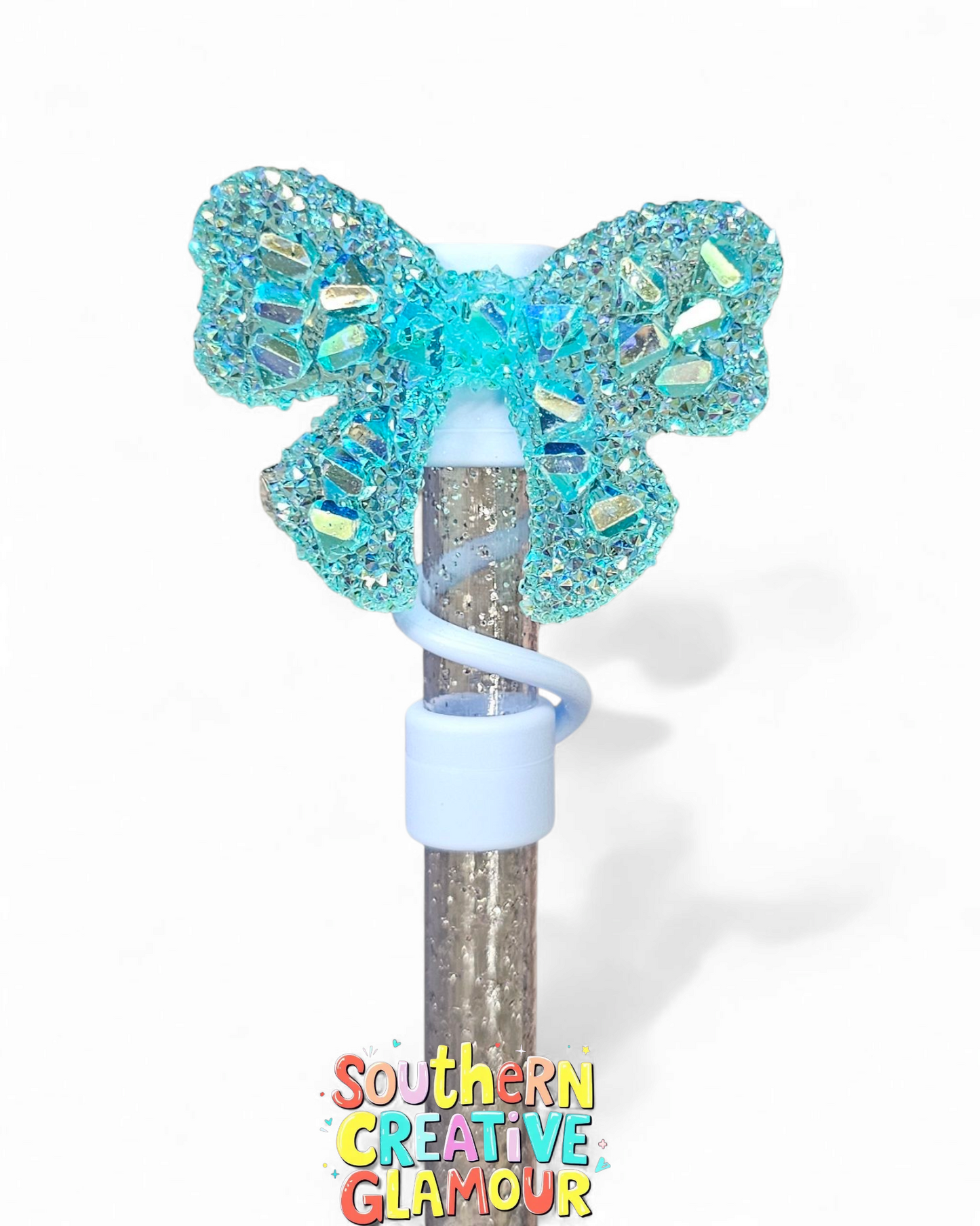 Teal Blue Glitter Ribbon Bow Silicone 10mm Straw Topper by Southern Creative Glamour