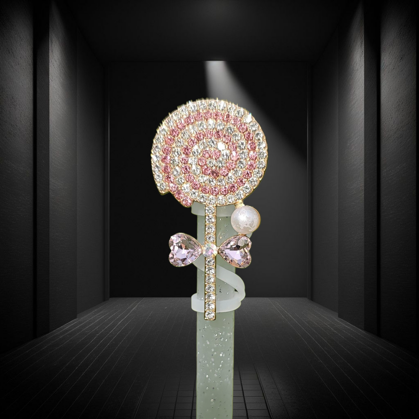 Pink and White Glitter diamond Lollipop Silicone Straw Topper - Straw Cover.